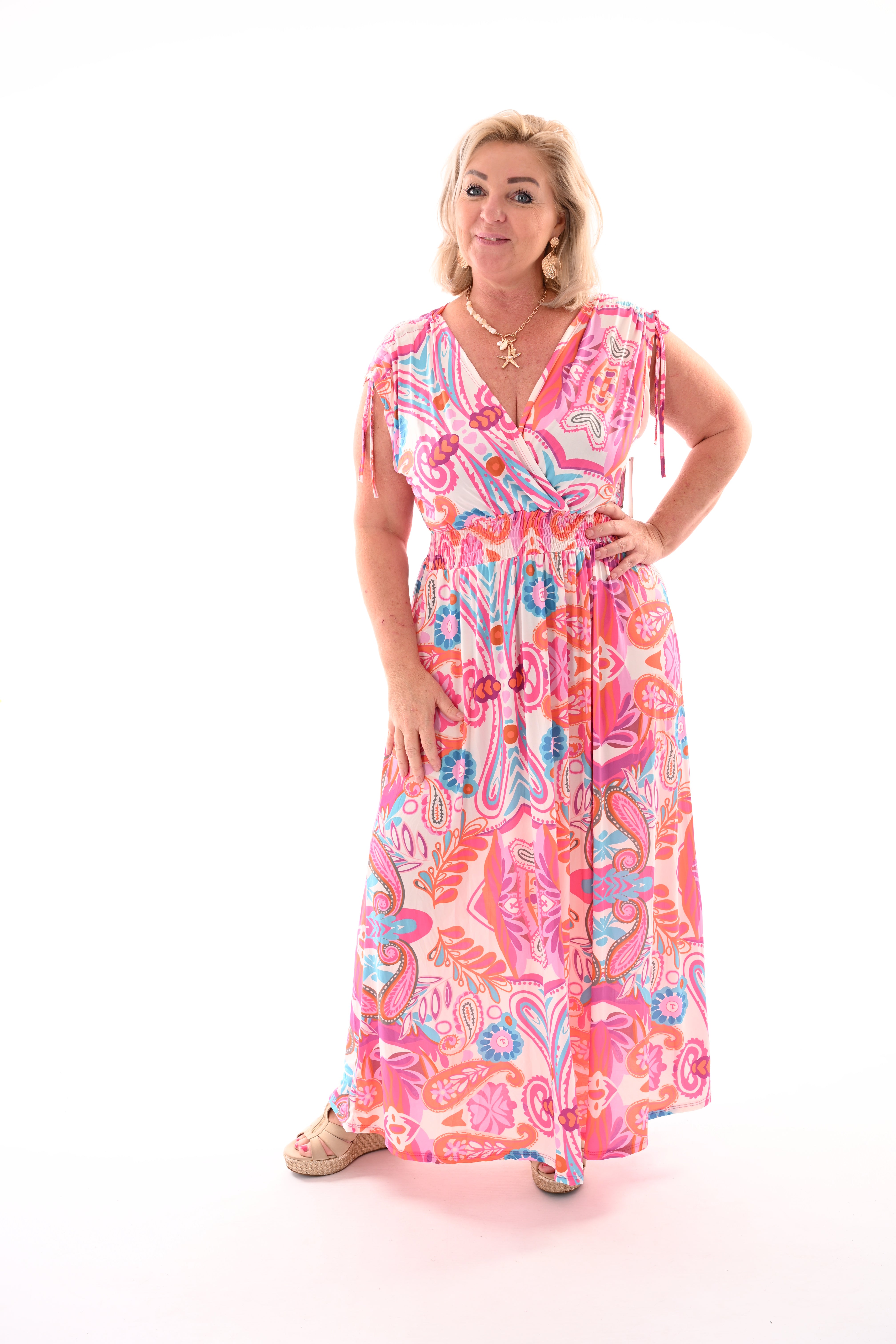 Lange jurk magic print bladeren wit/roze