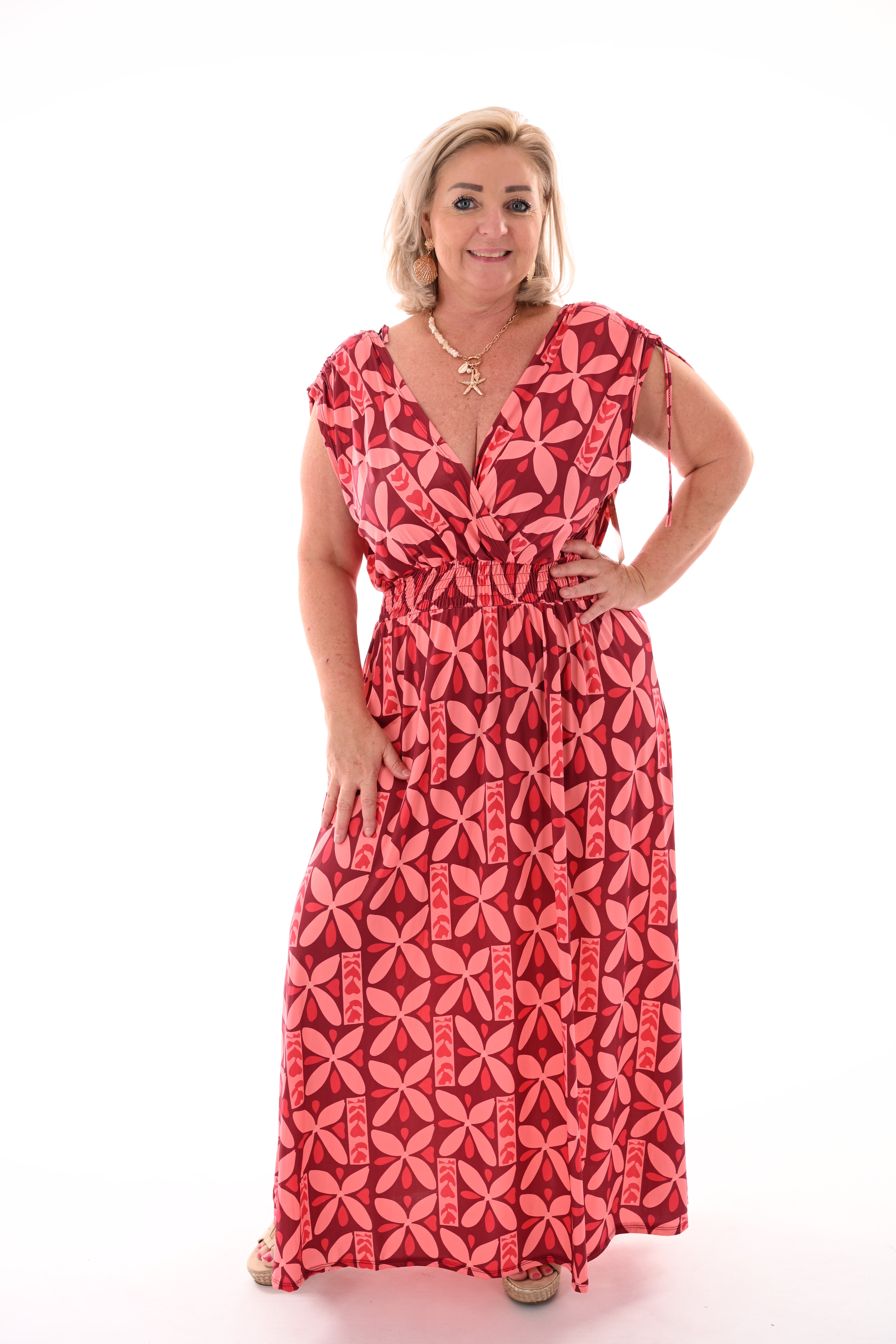 Lange jurk magic print bloemen bordeaux/lichtroze