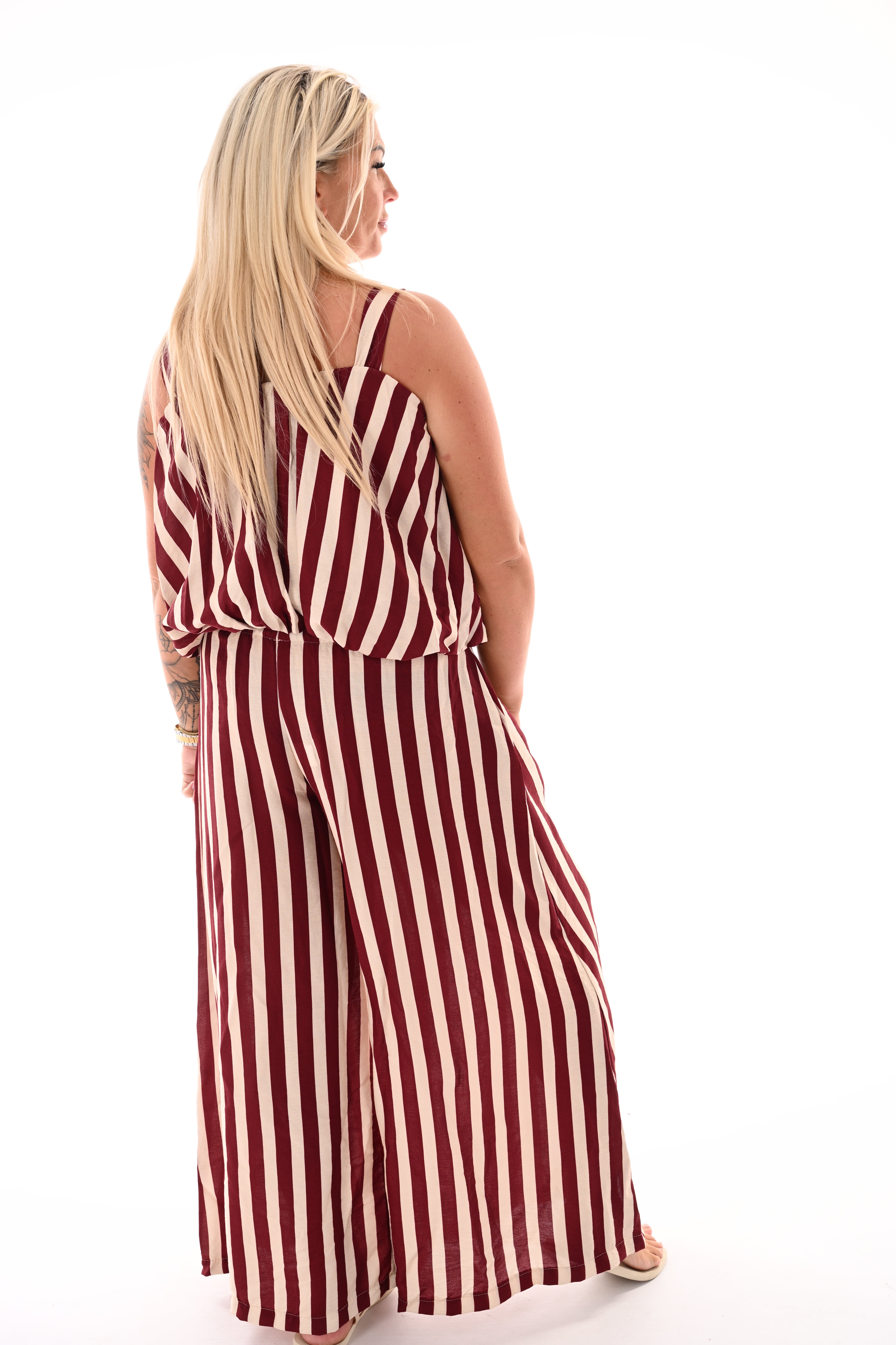 Tweedelig set korte ballontop strepen bordeaux/creme