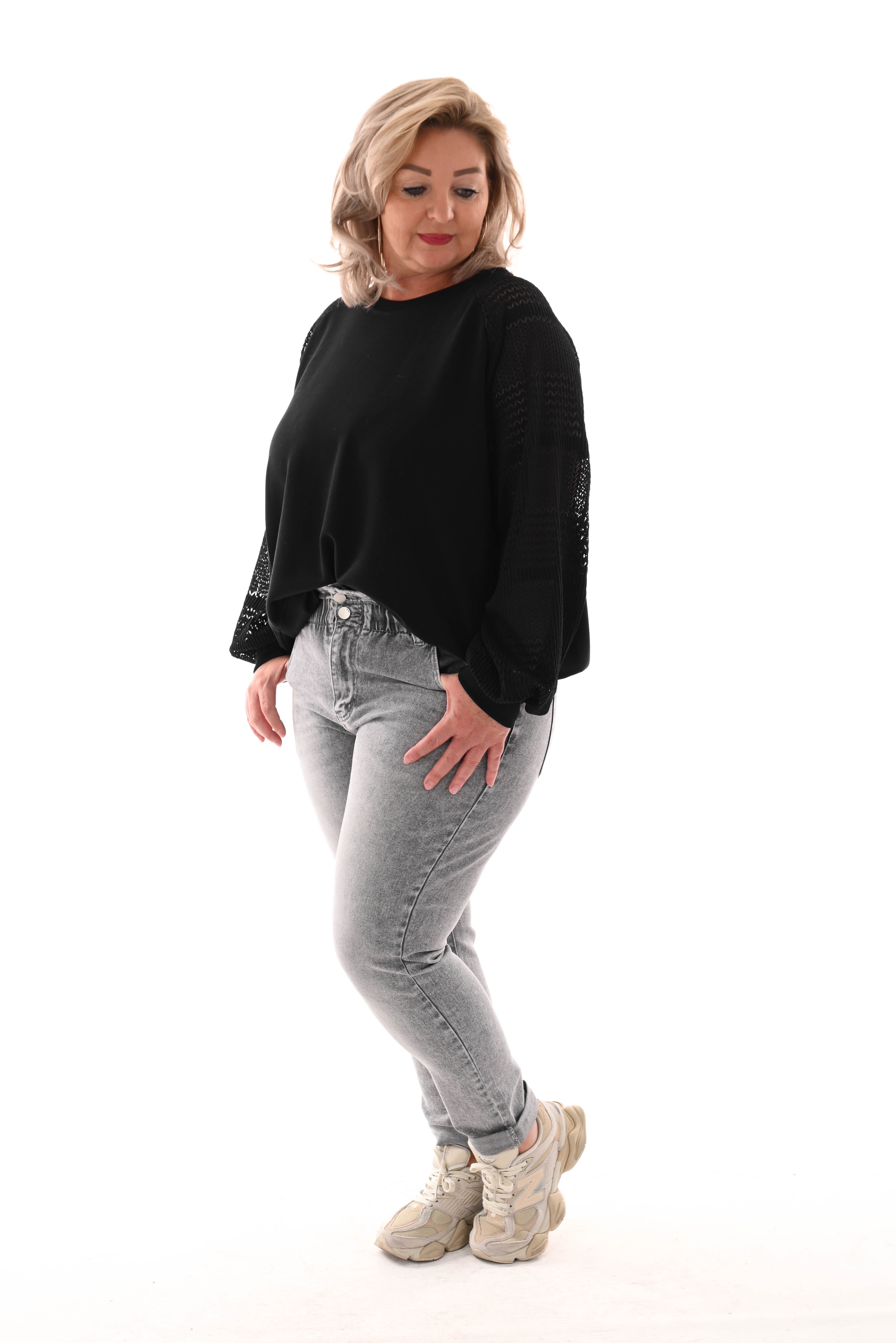 Sweater gehaakte mouwen zigzag zwart