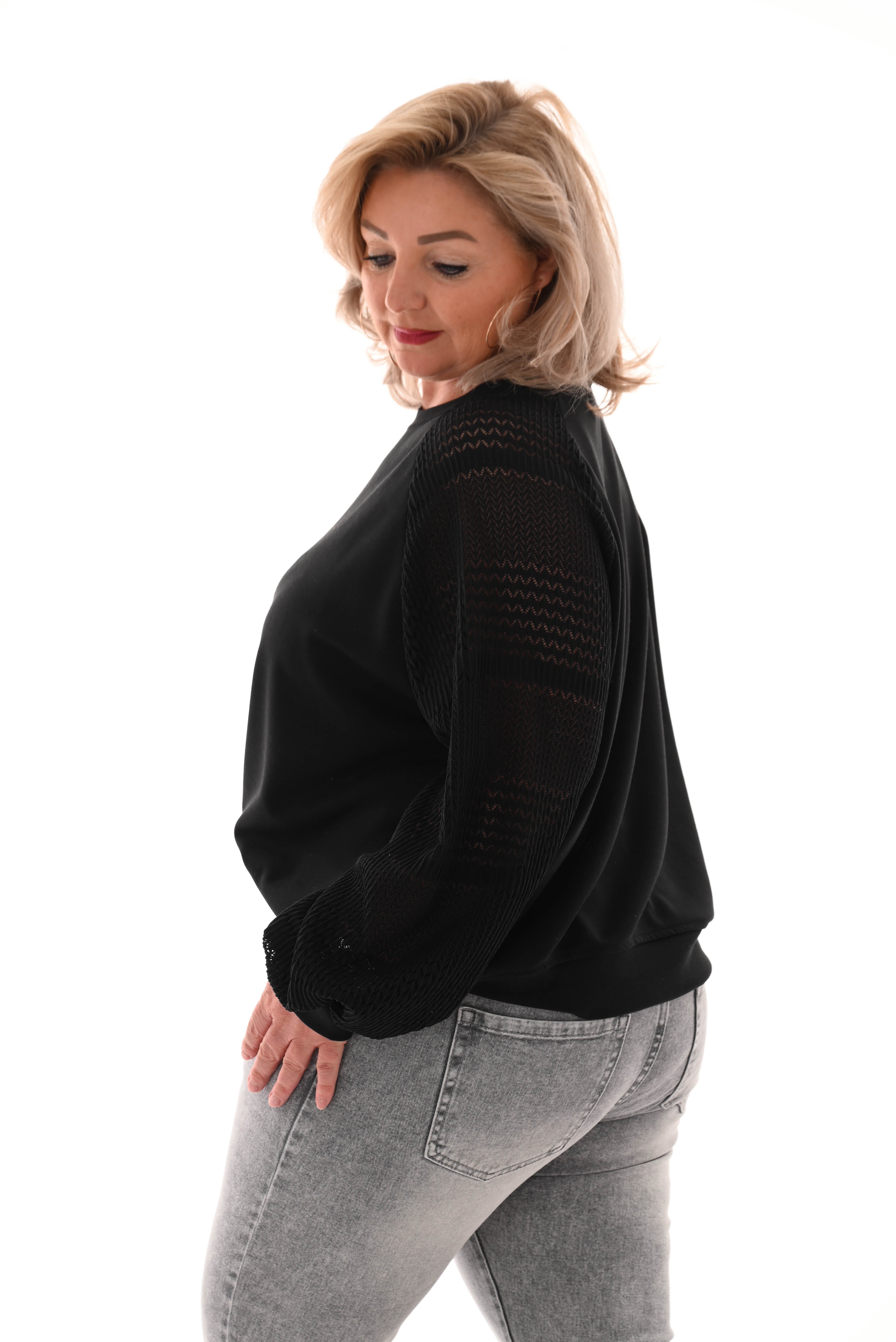 Sweater gehaakte mouwen zigzag zwart