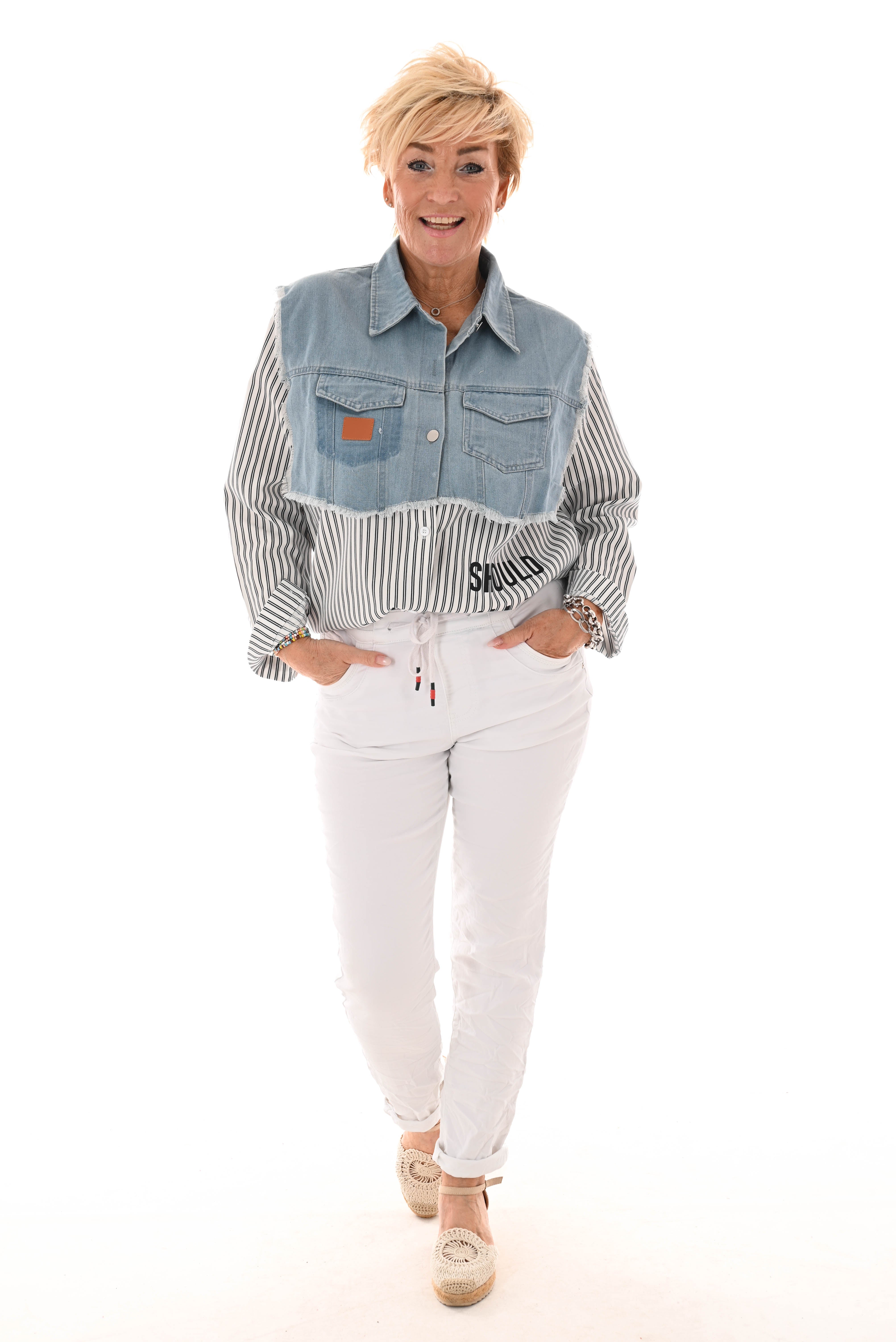 Blouse spijker rafel Feminists gestreept zwart/wit