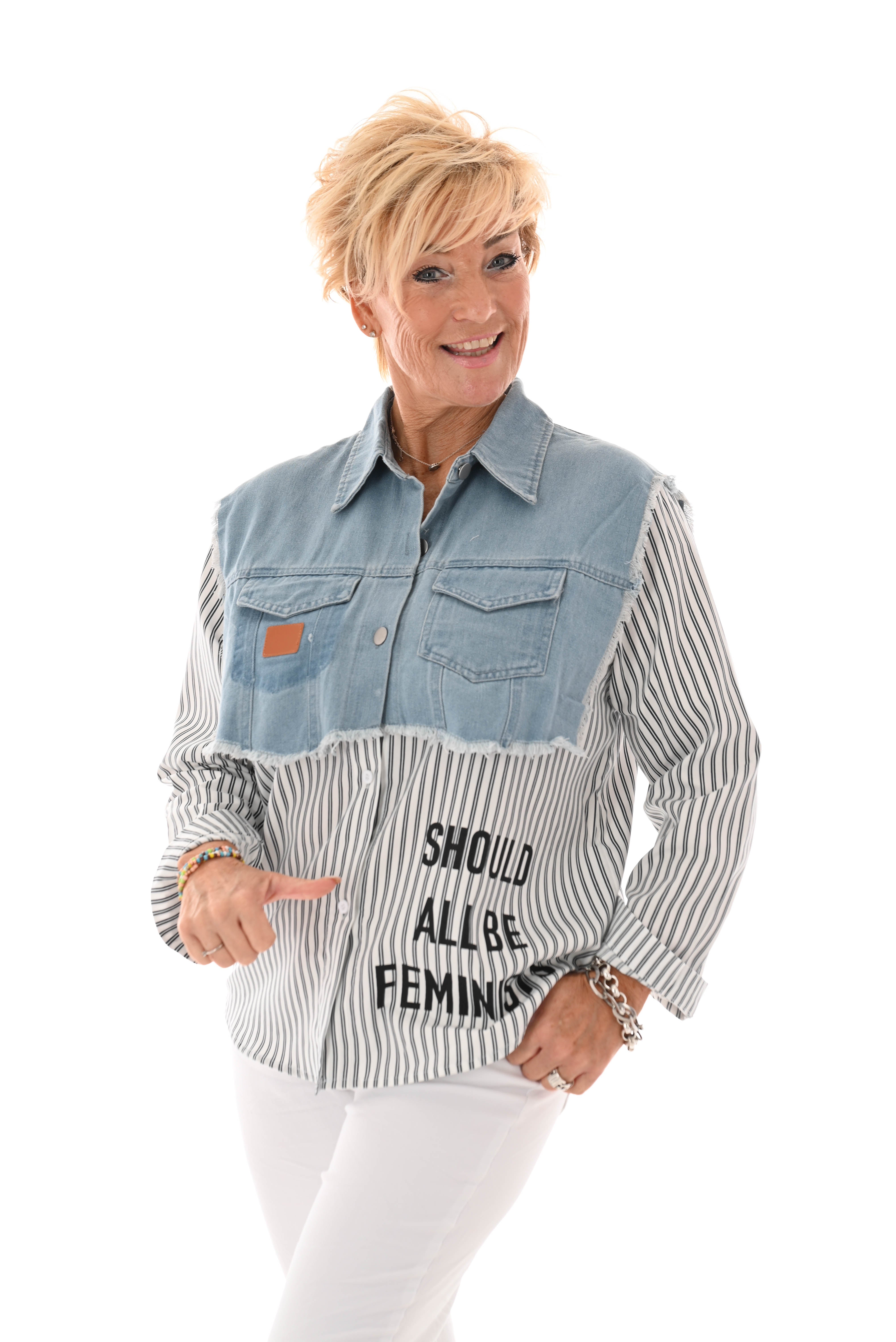 Blouse spijker rafel Feminists gestreept zwart/wit