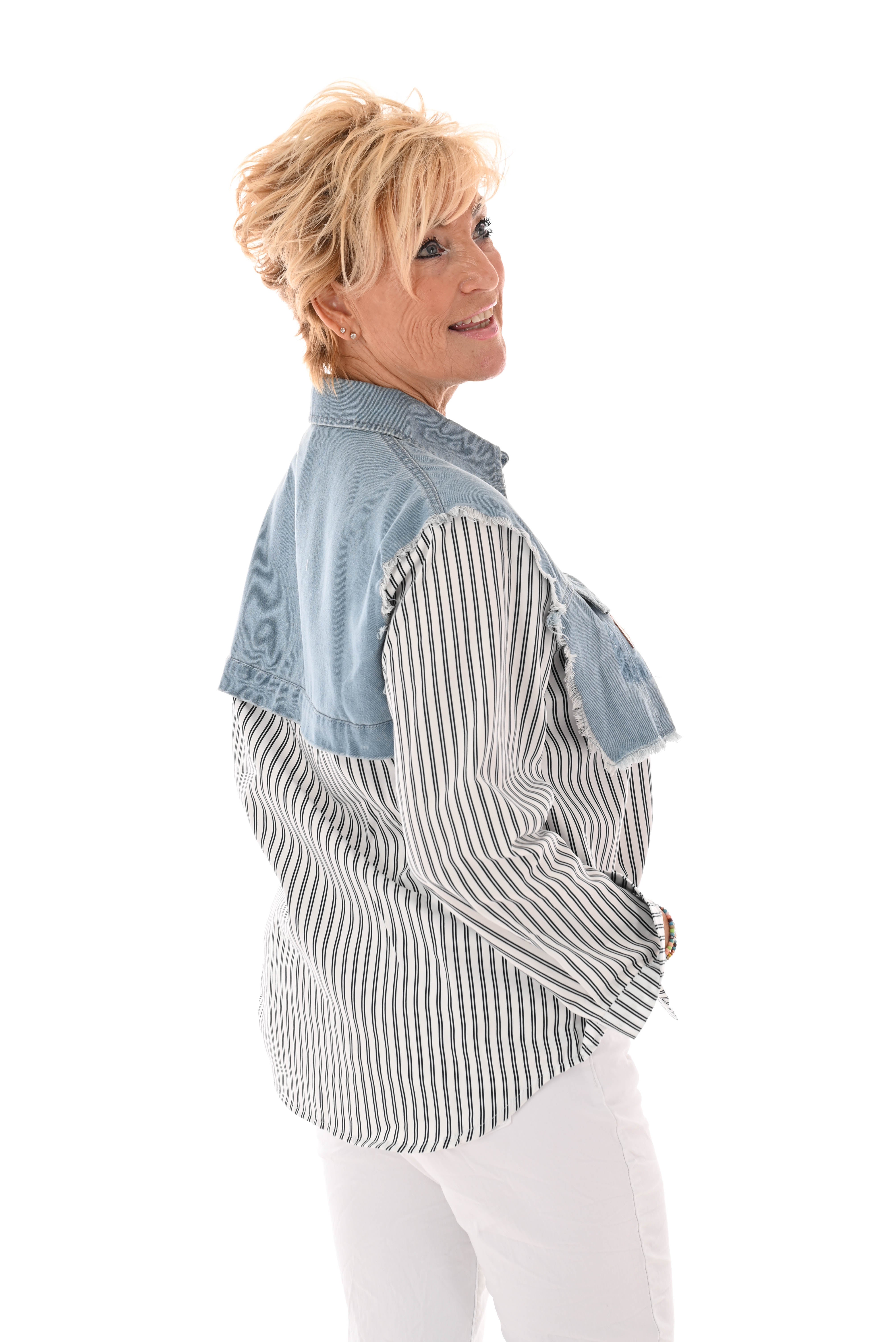 Blouse spijker rafel Feminists gestreept zwart/wit