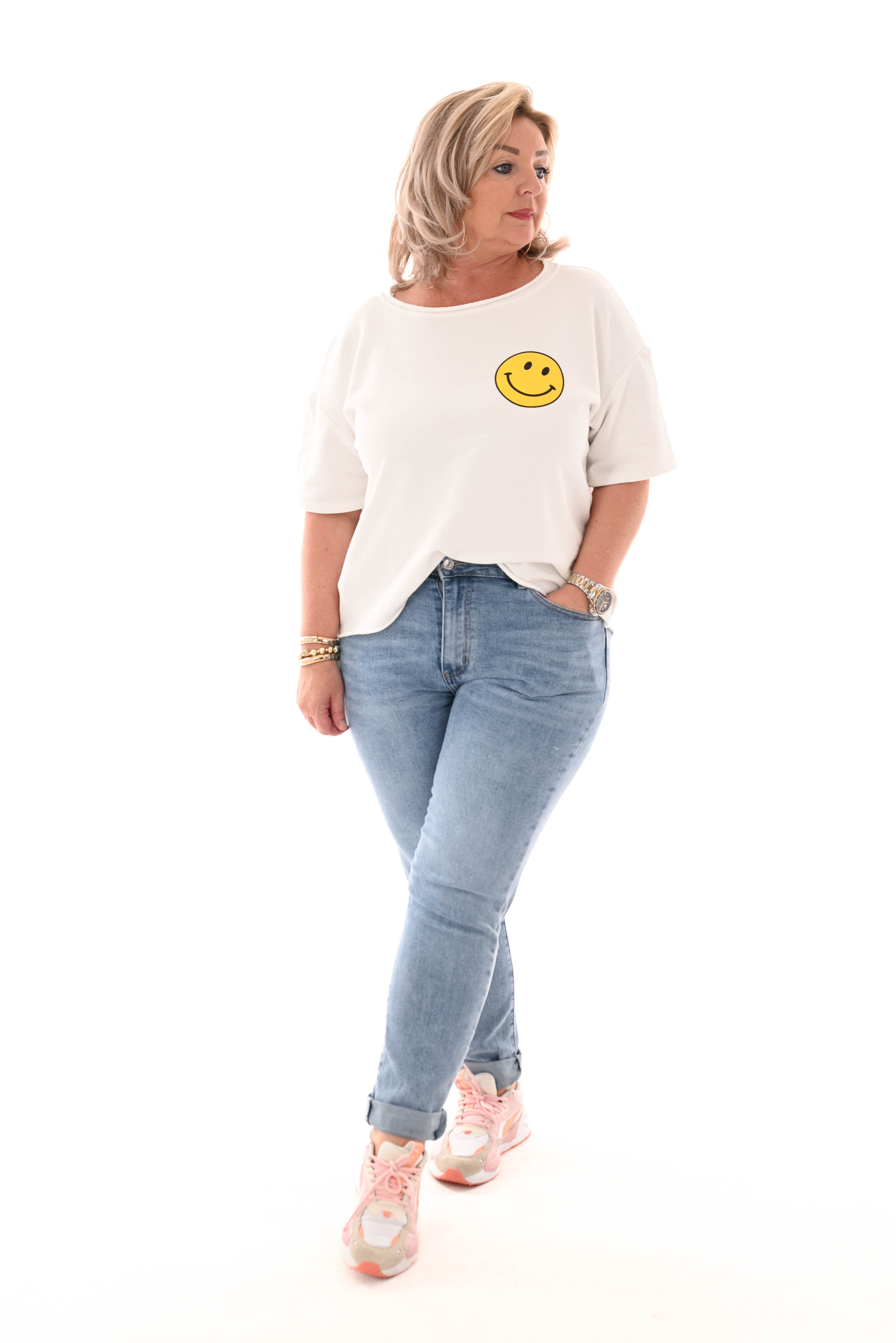 Sweater korte mouwen smiley roomwit