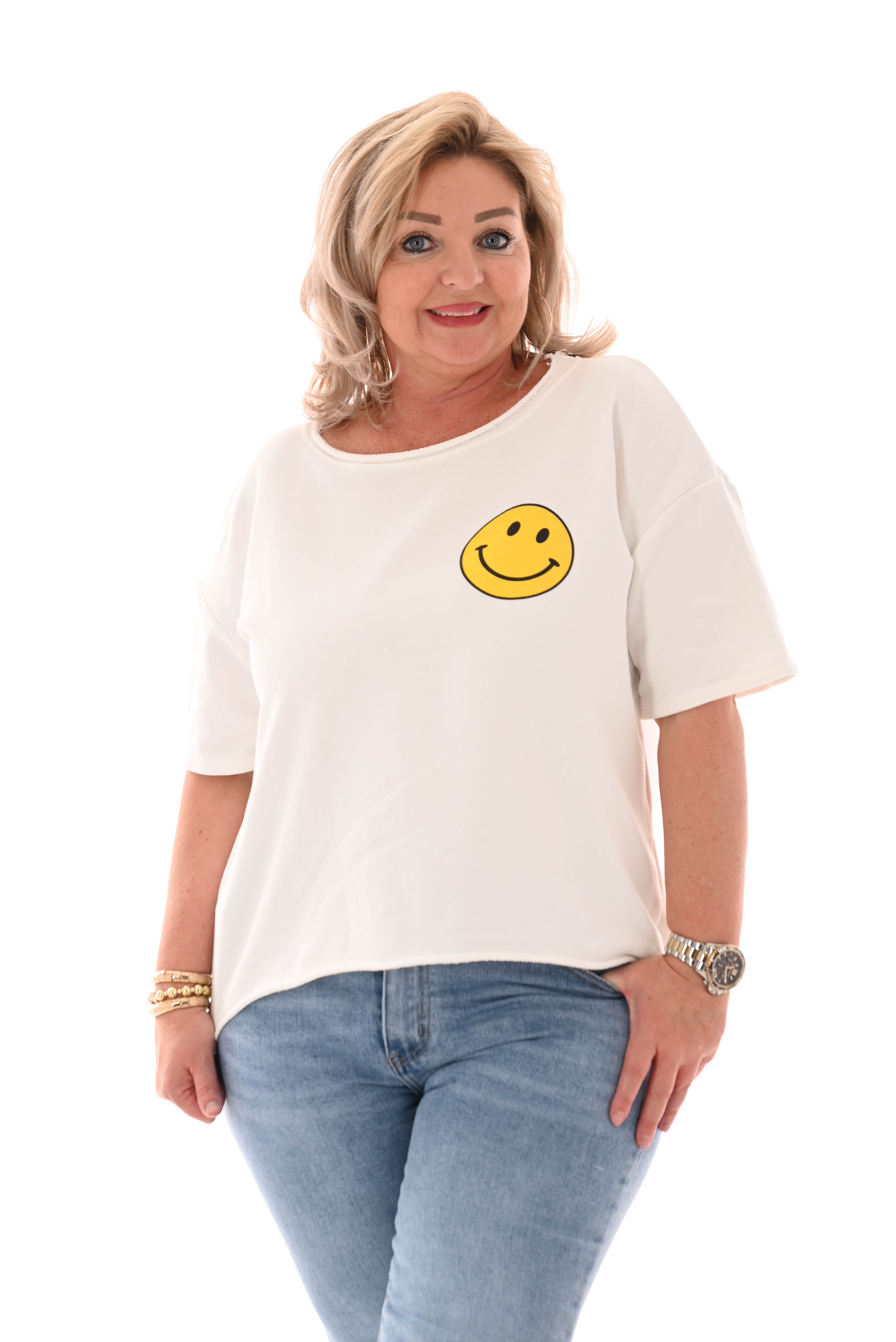 Sweater korte mouwen smiley roomwit