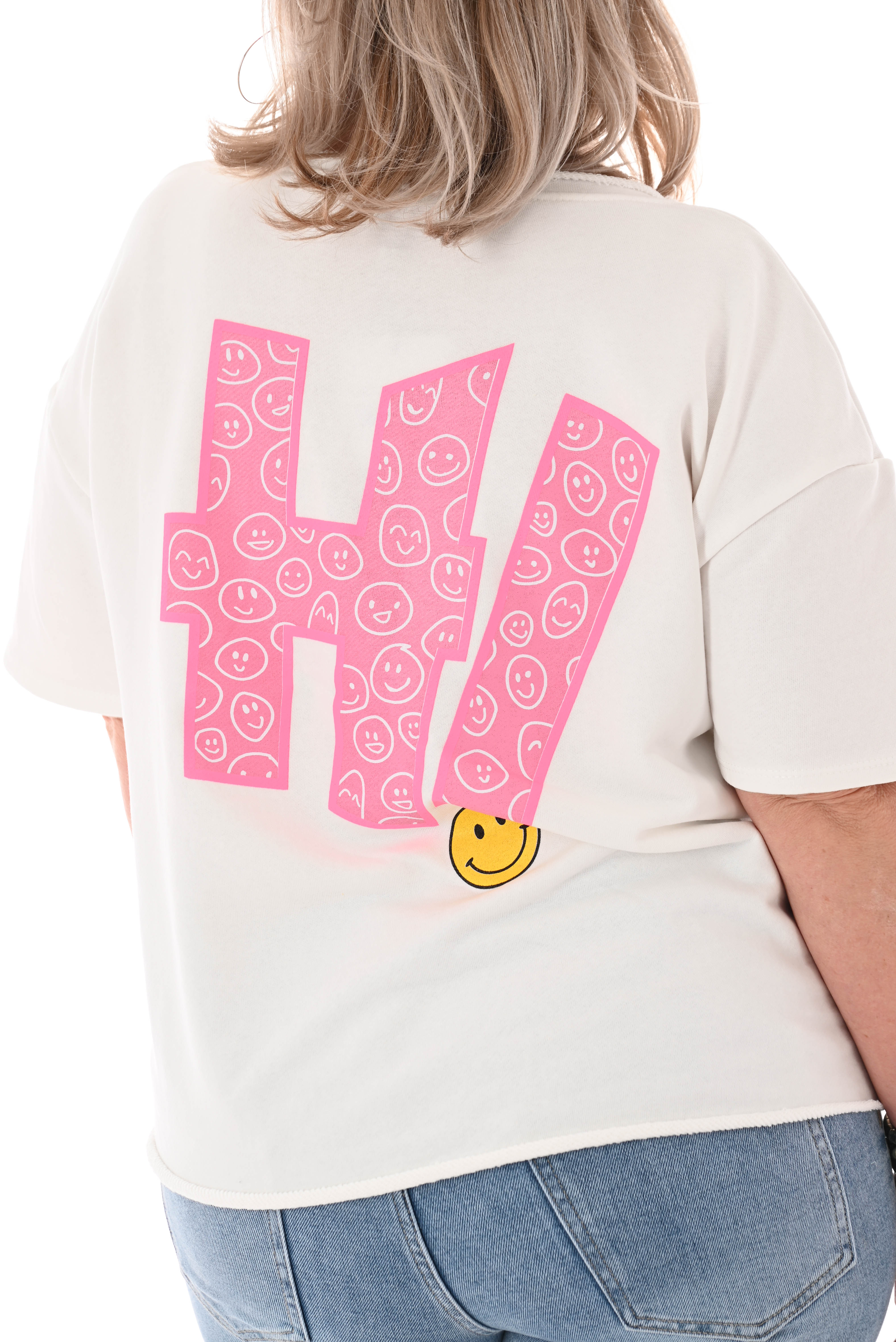 Sweater korte mouwen smiley roomwit