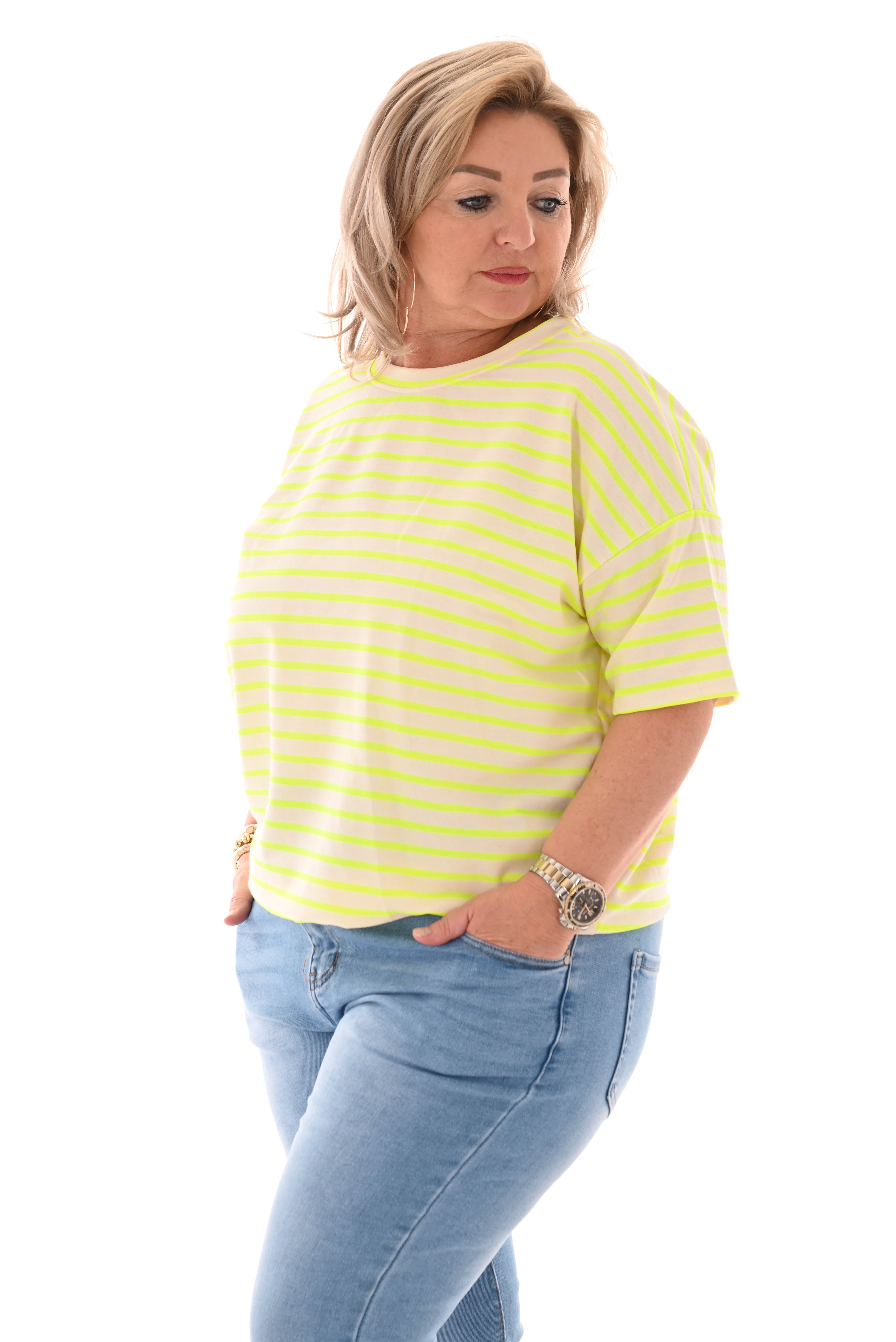 Sweater korte mouwen gestreept creme/neongeel