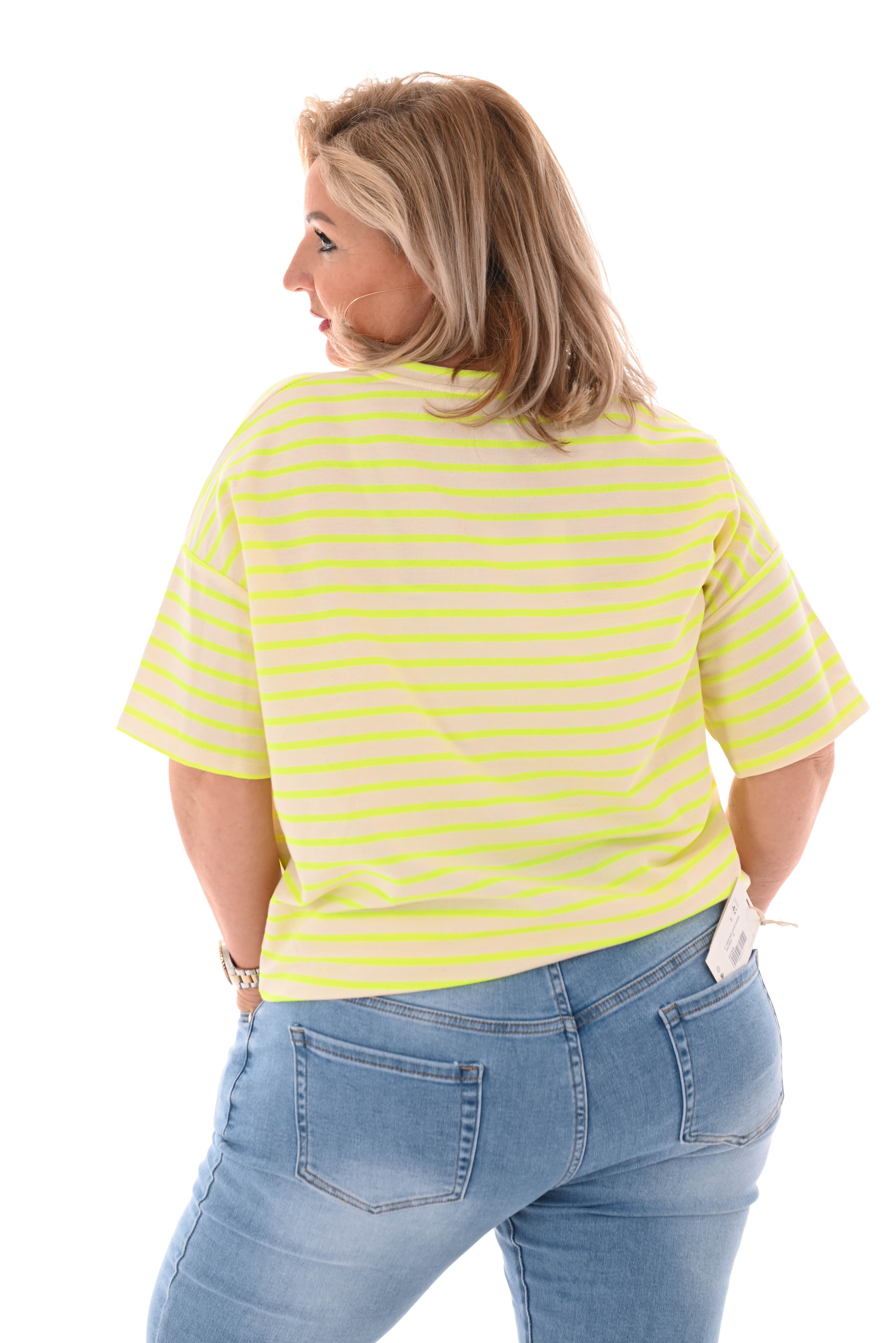 Sweater korte mouwen gestreept creme/neongeel