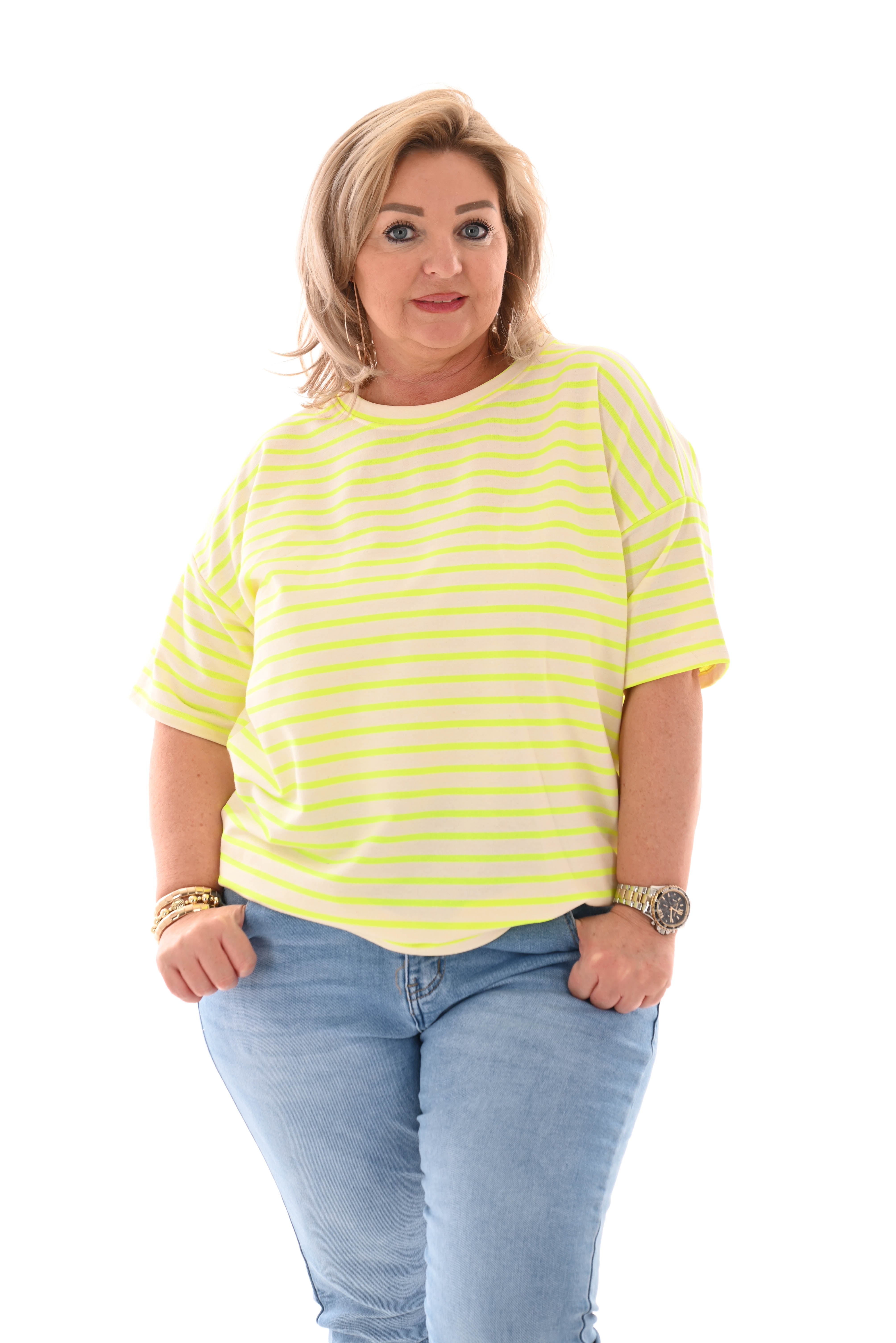 Sweater korte mouwen gestreept creme/neongeel