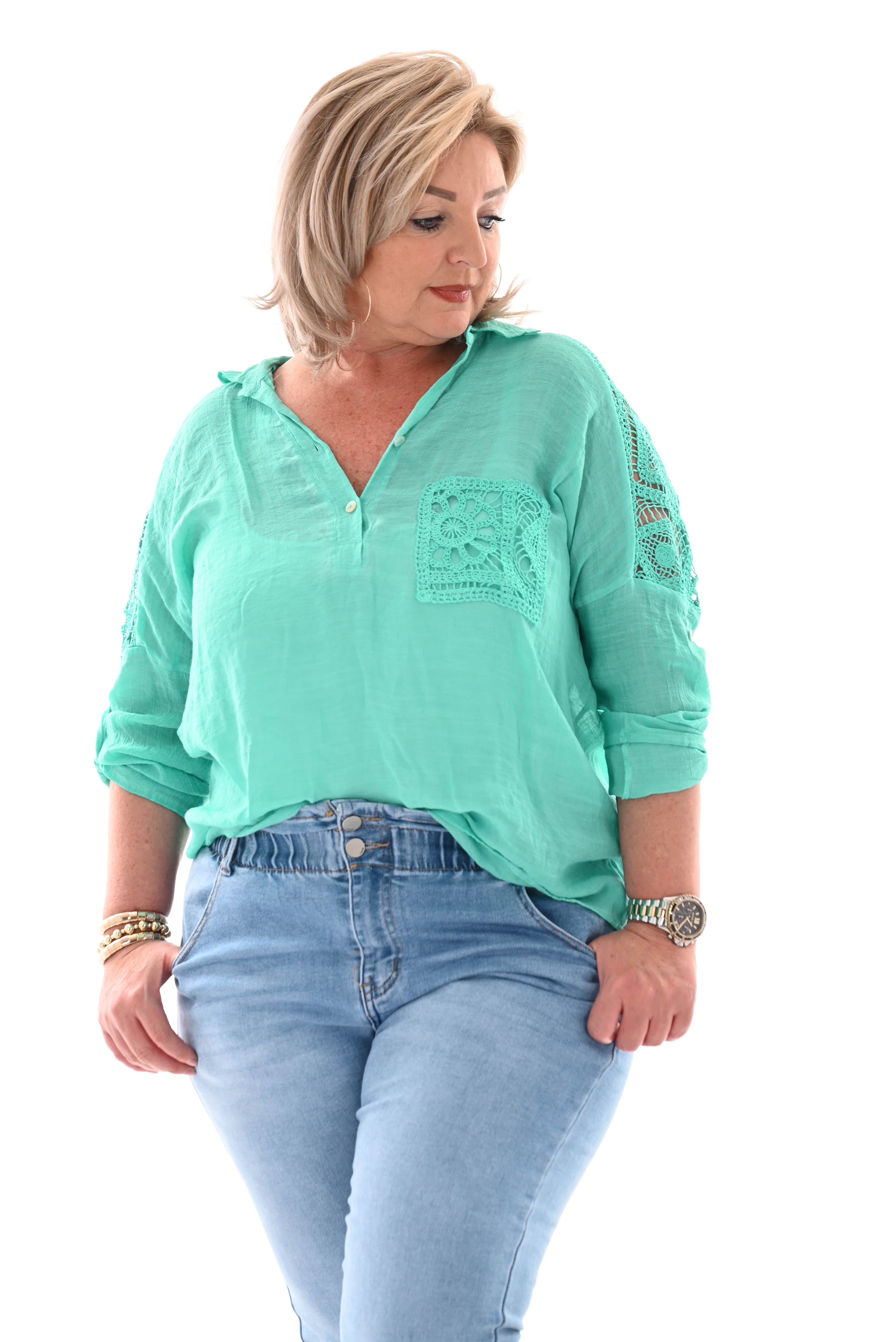 Blouse gehaakte borstzak turquoise