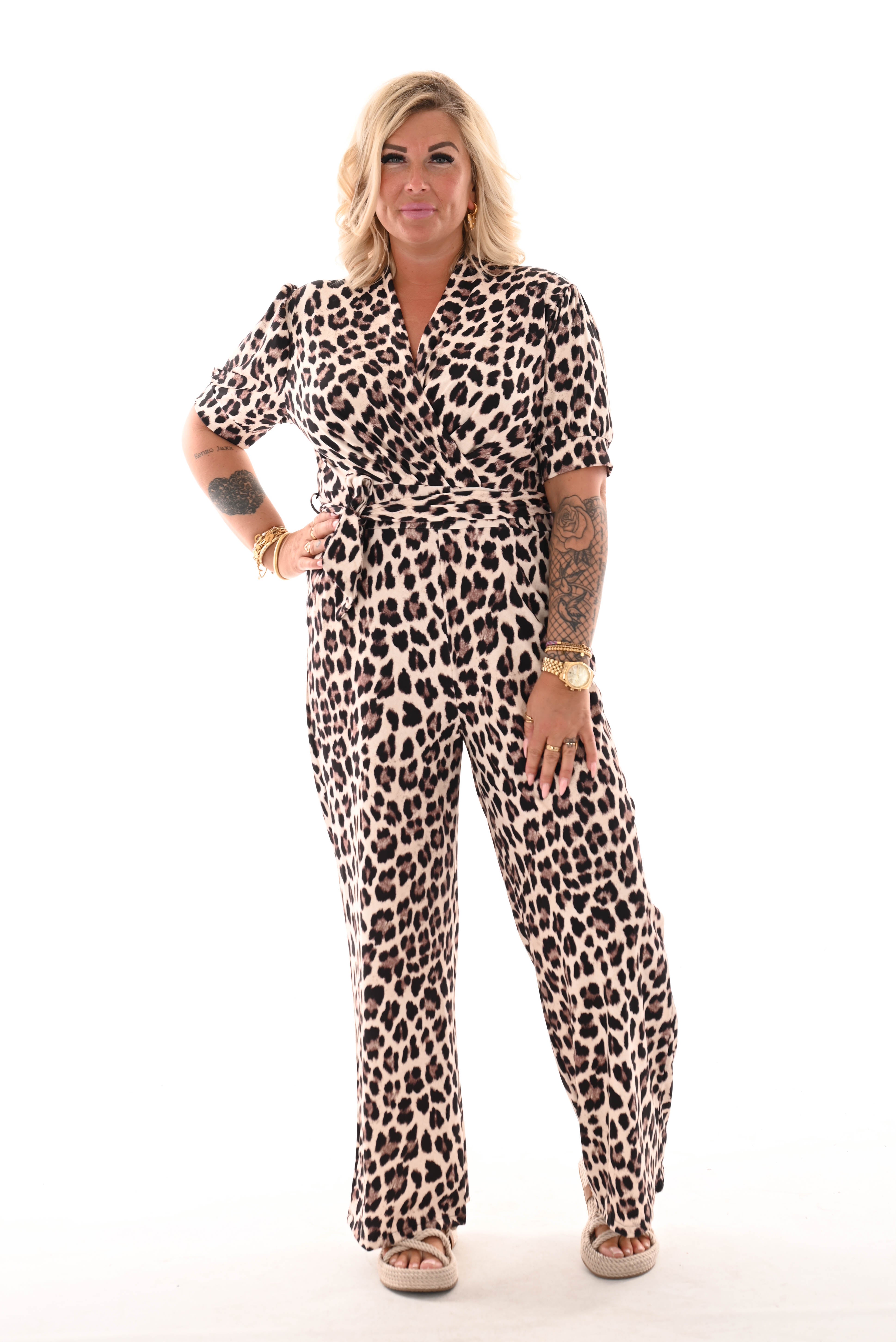 Jumpsuit overslag panter beige