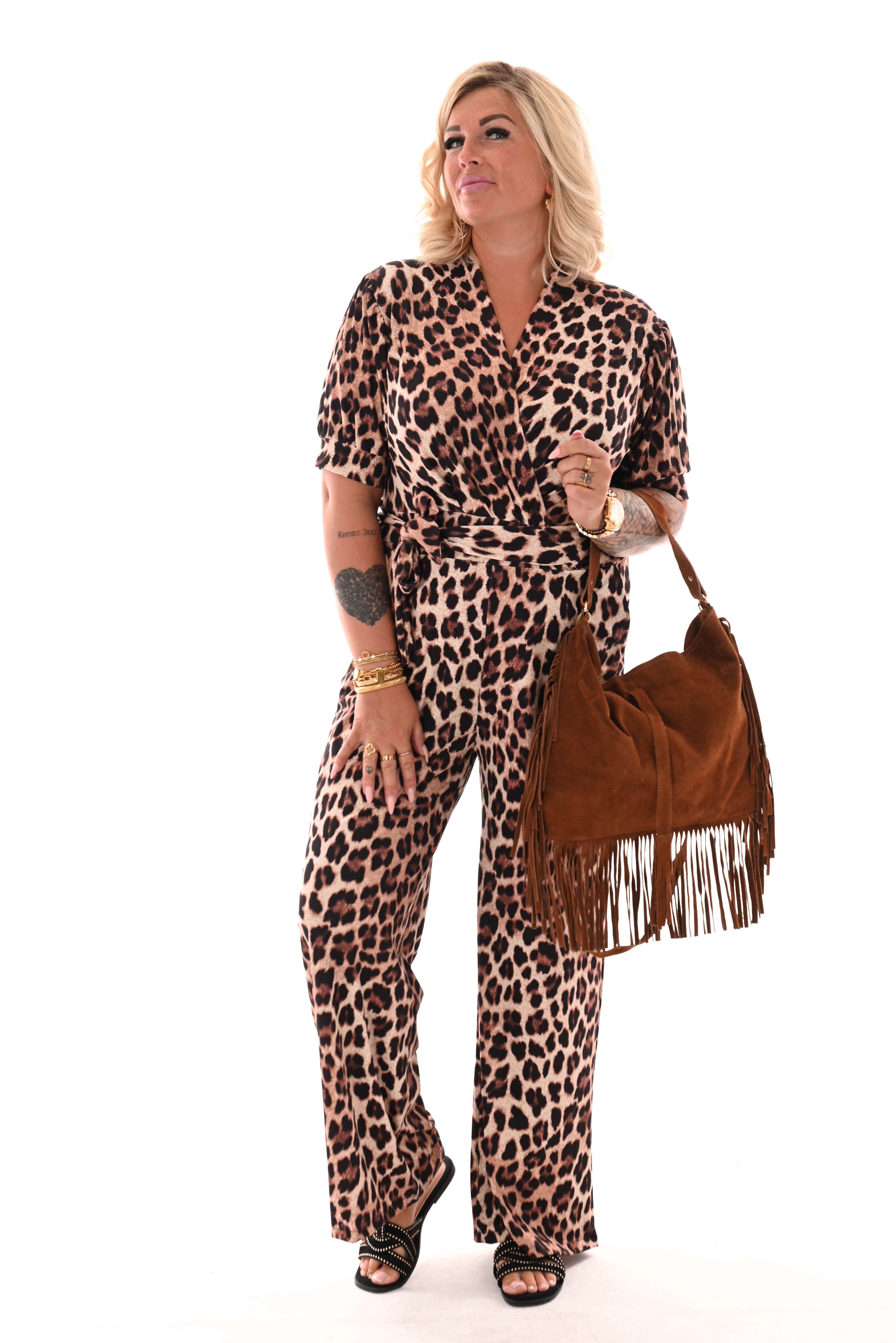 Jumpsuit overslag panter camel