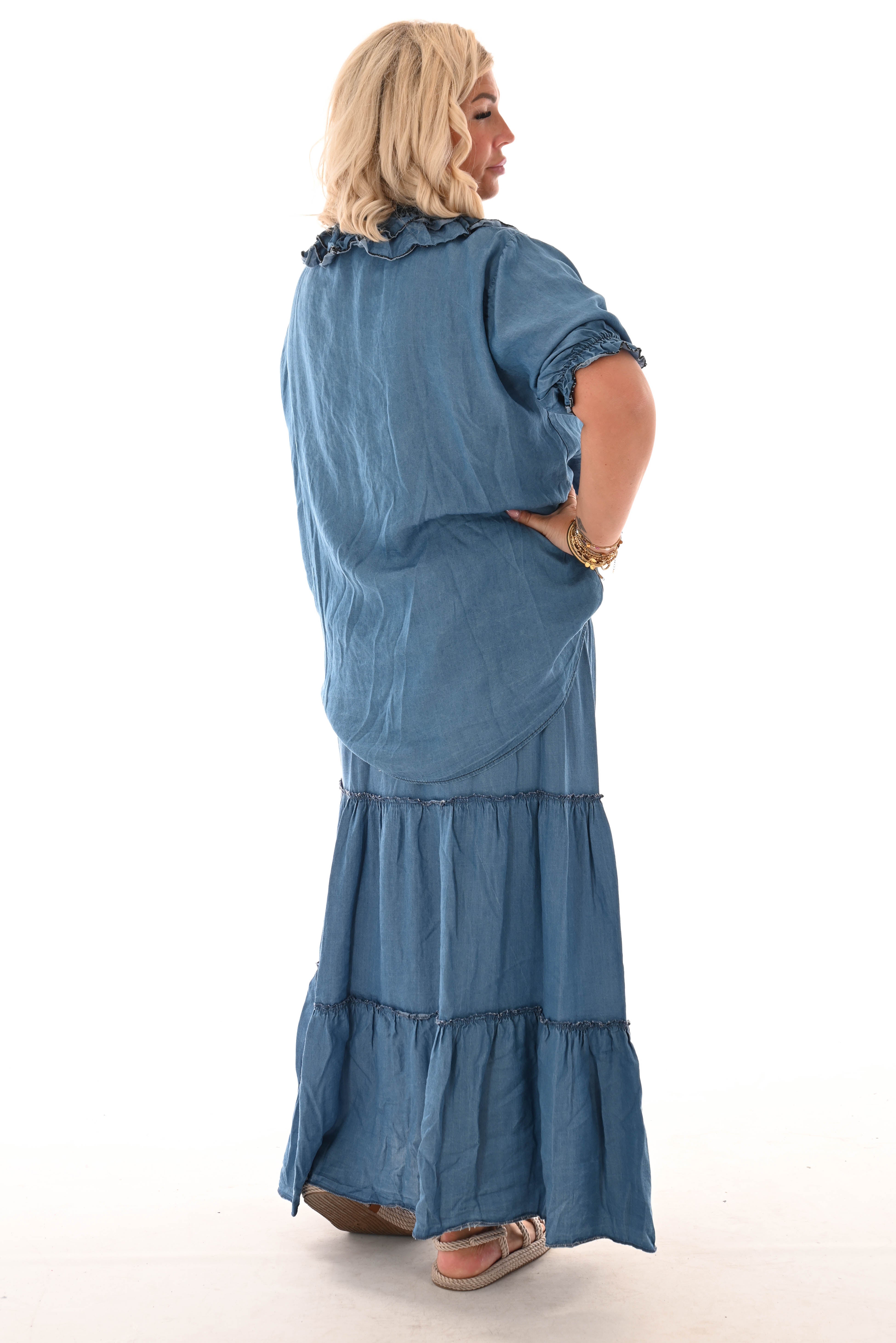 Rok met stroken elastieken band blauw