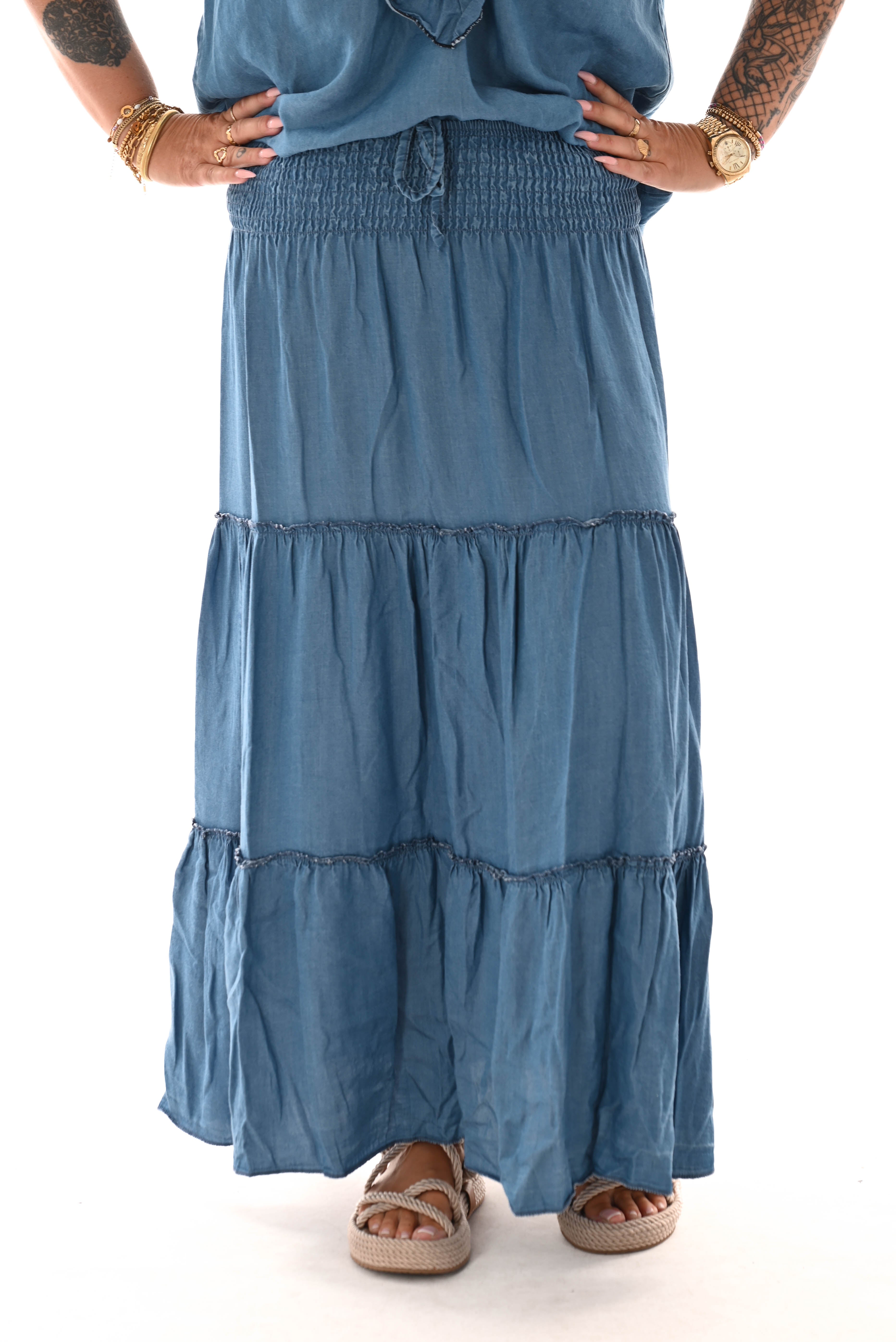 Rok met stroken elastieken band blauw