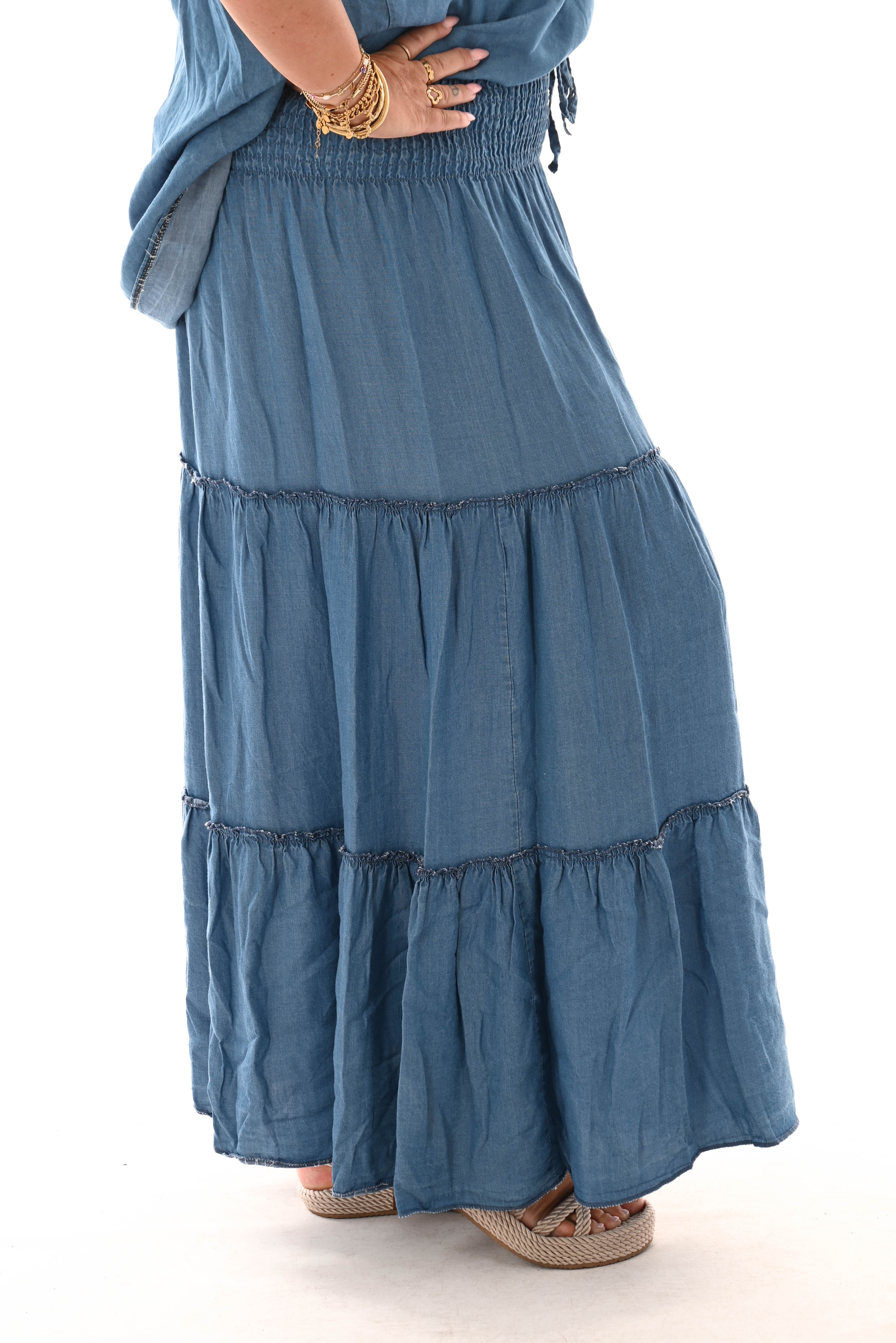 Rok met stroken elastieken band blauw