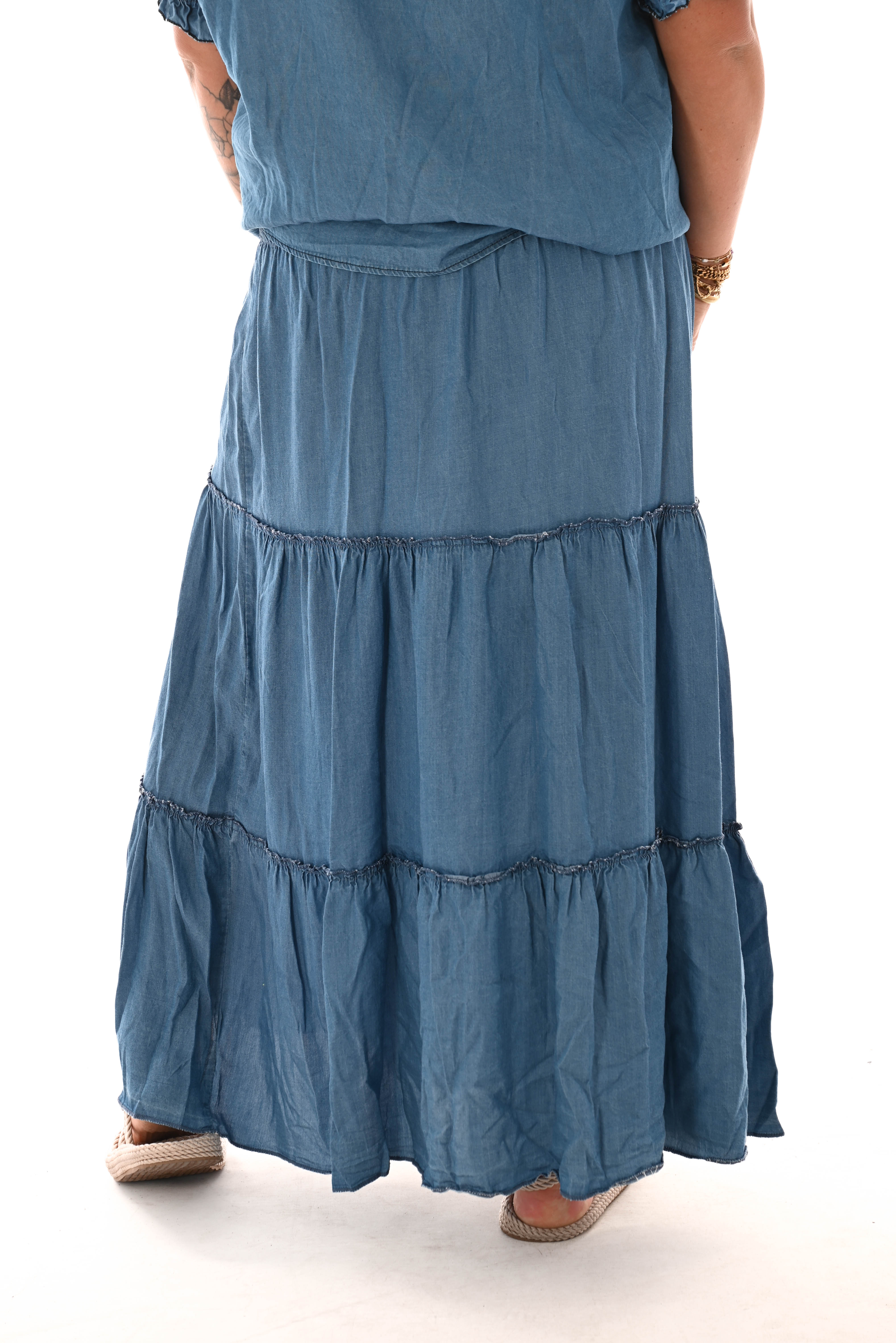 Rok met stroken elastieken band blauw