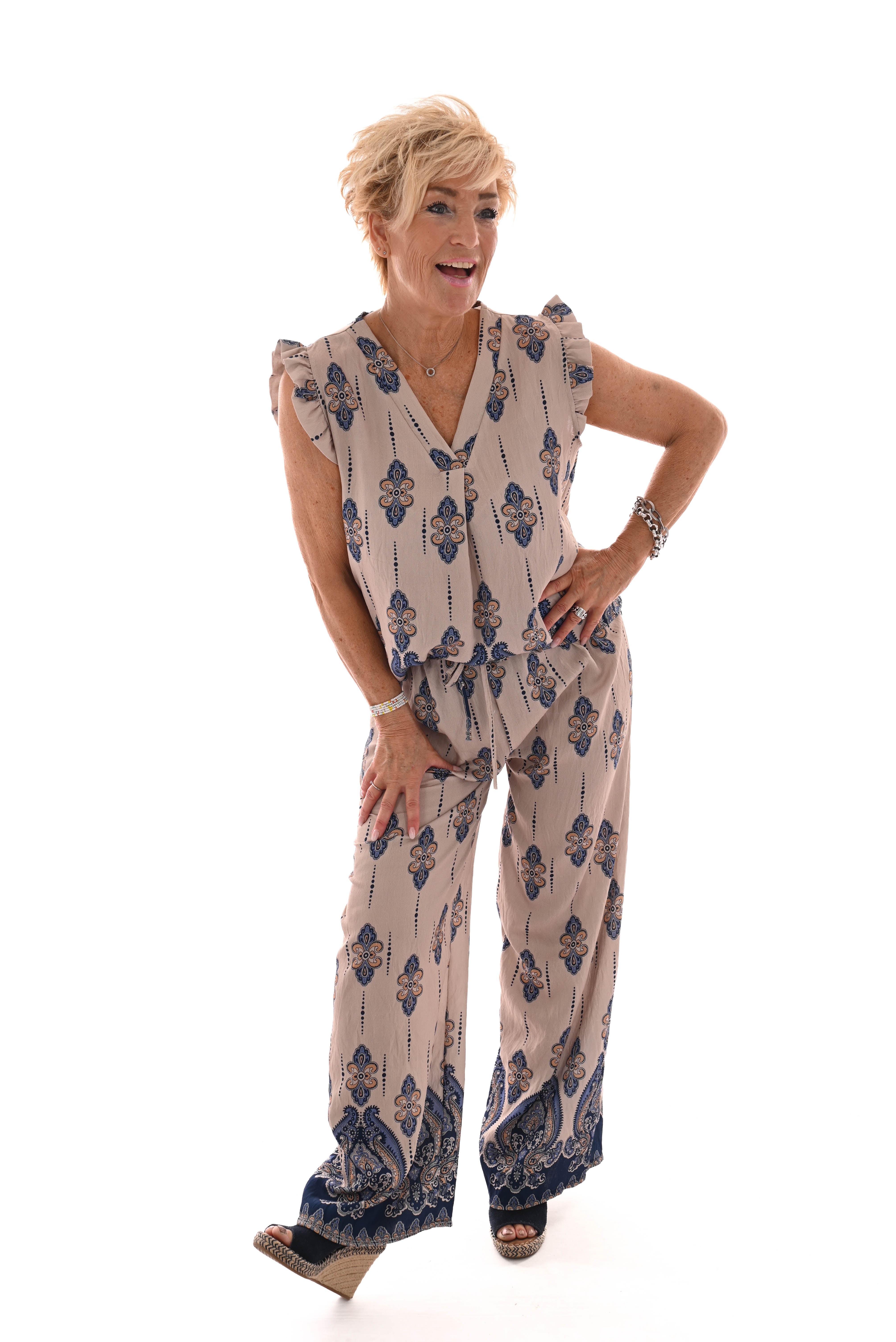 Tweedelig set paisley roezelmouwen blauw