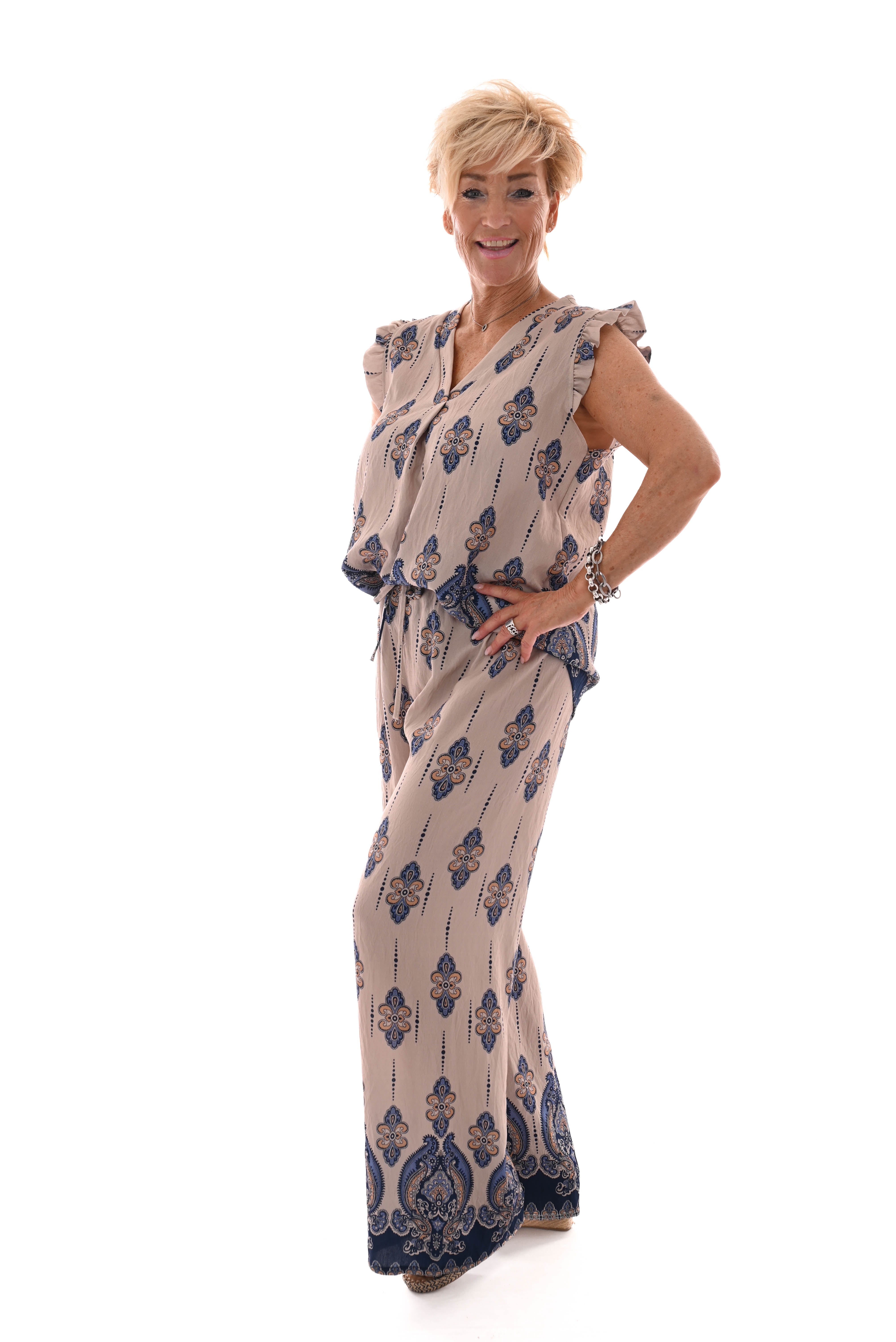 Tweedelig set paisley roezelmouwen blauw