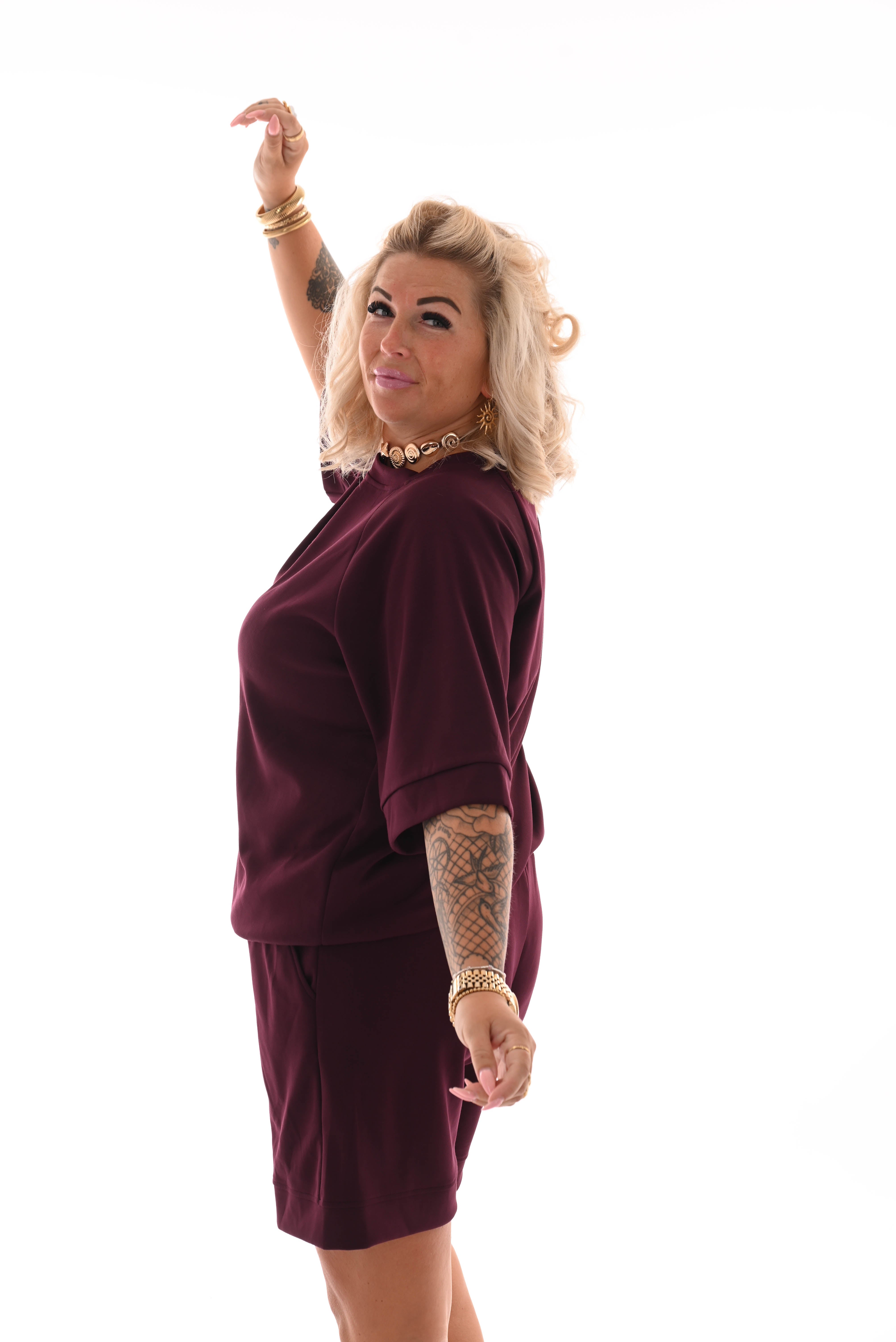 Tweedelig set short uni bordeaux