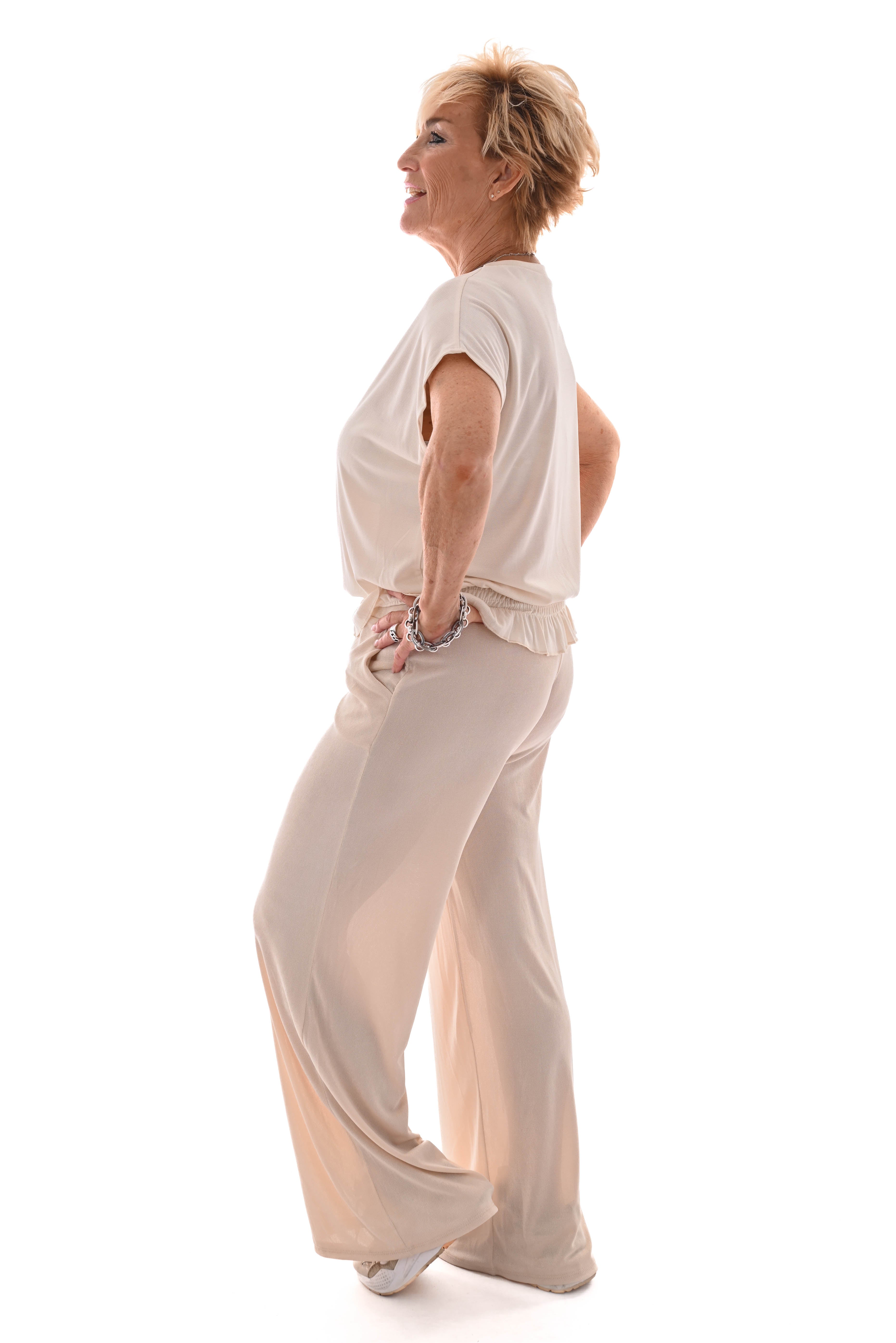 Tweedelig pak top met smock band creme