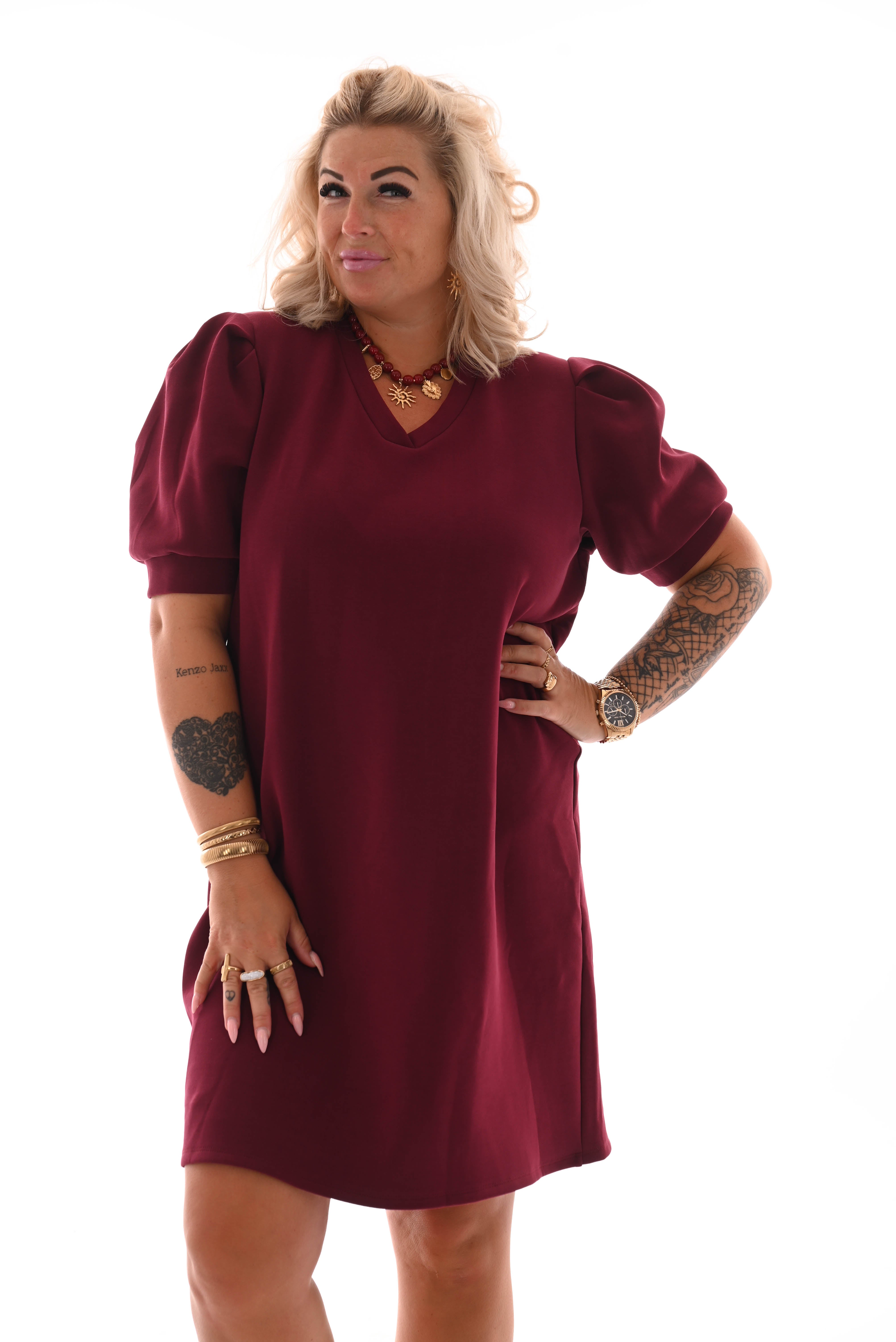 Sweaterdress korte pofmouwen bordeaux