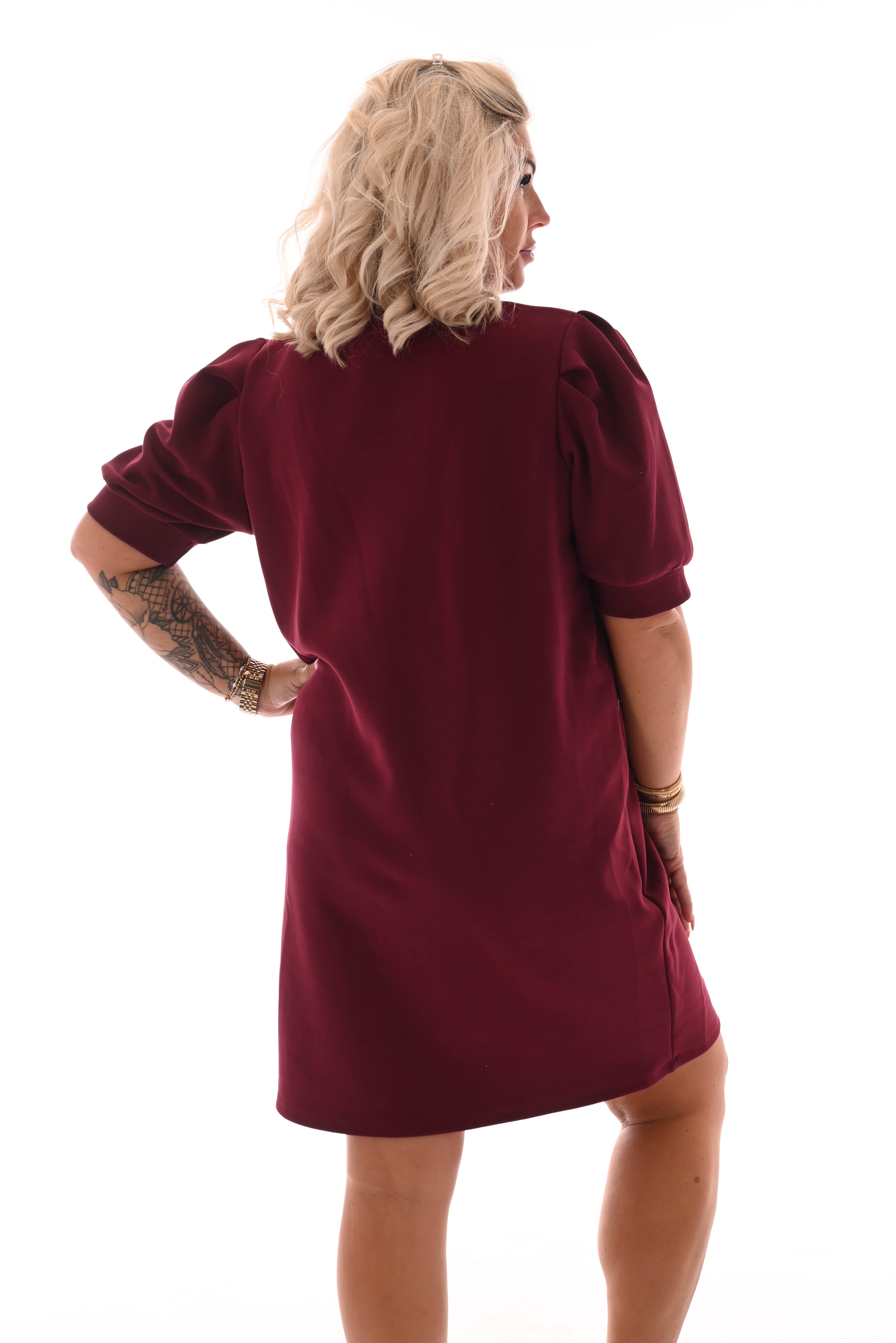 Sweaterdress korte pofmouwen bordeaux