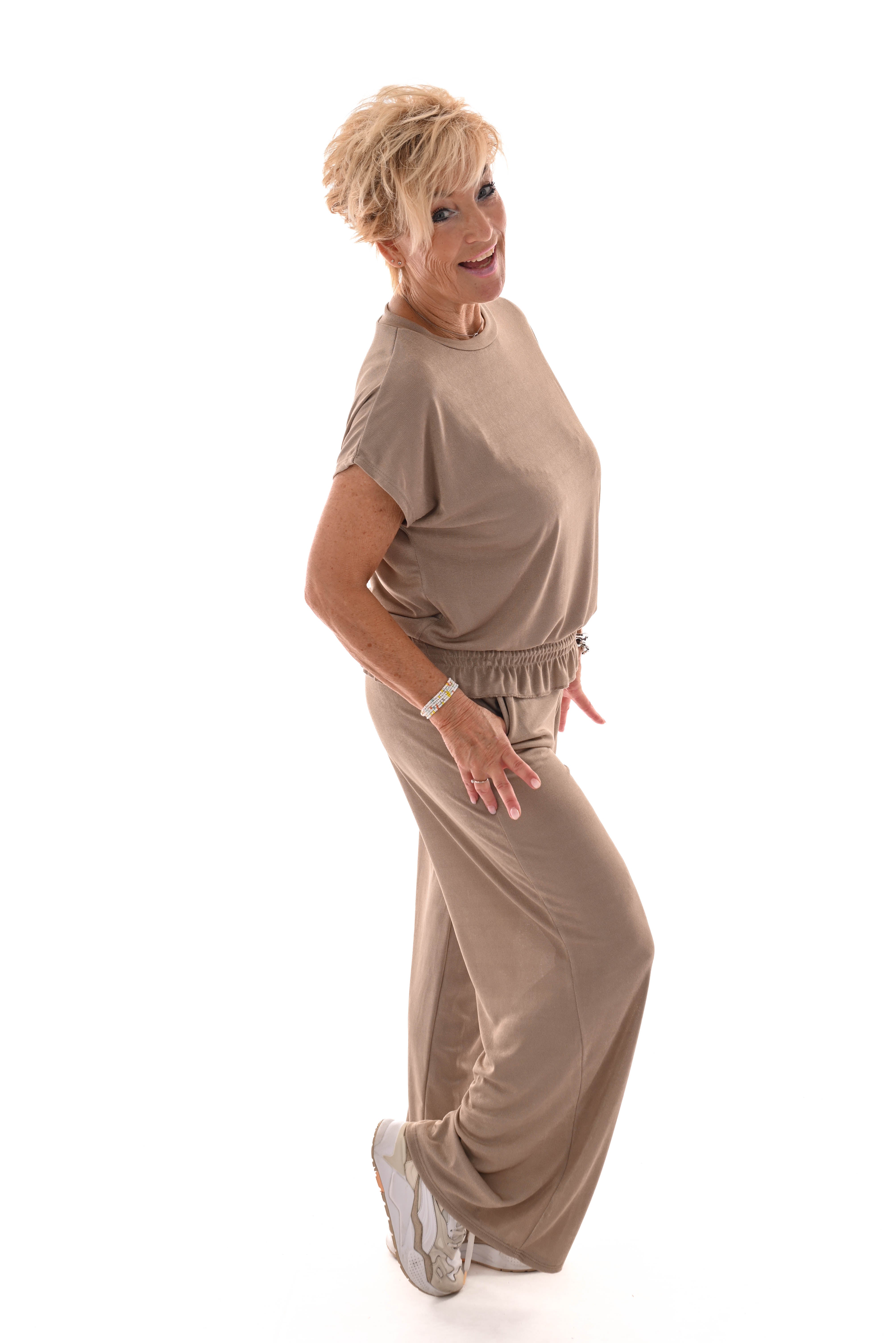 Tweedelig pak top met smock band beige