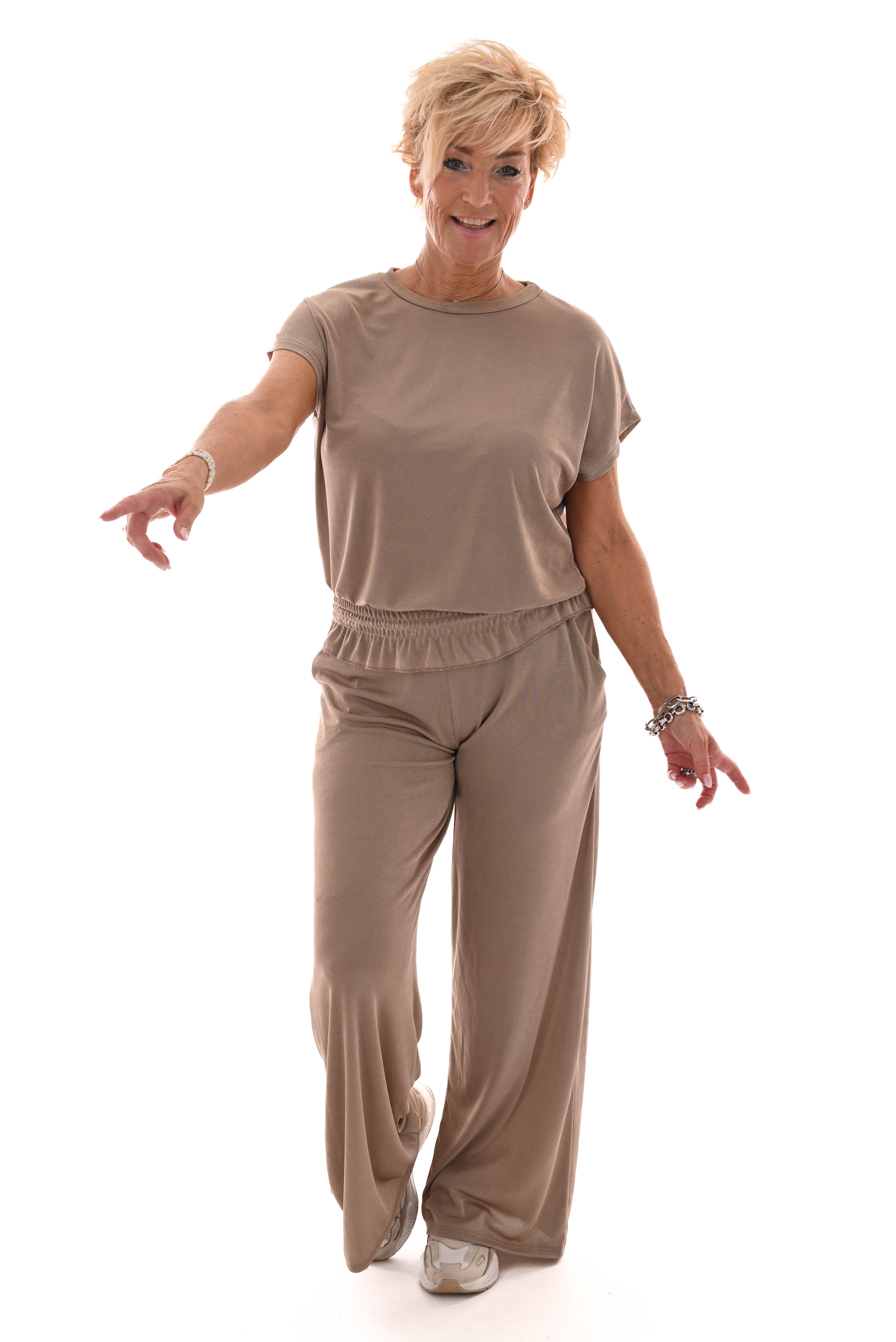 Tweedelig pak top met smock band beige