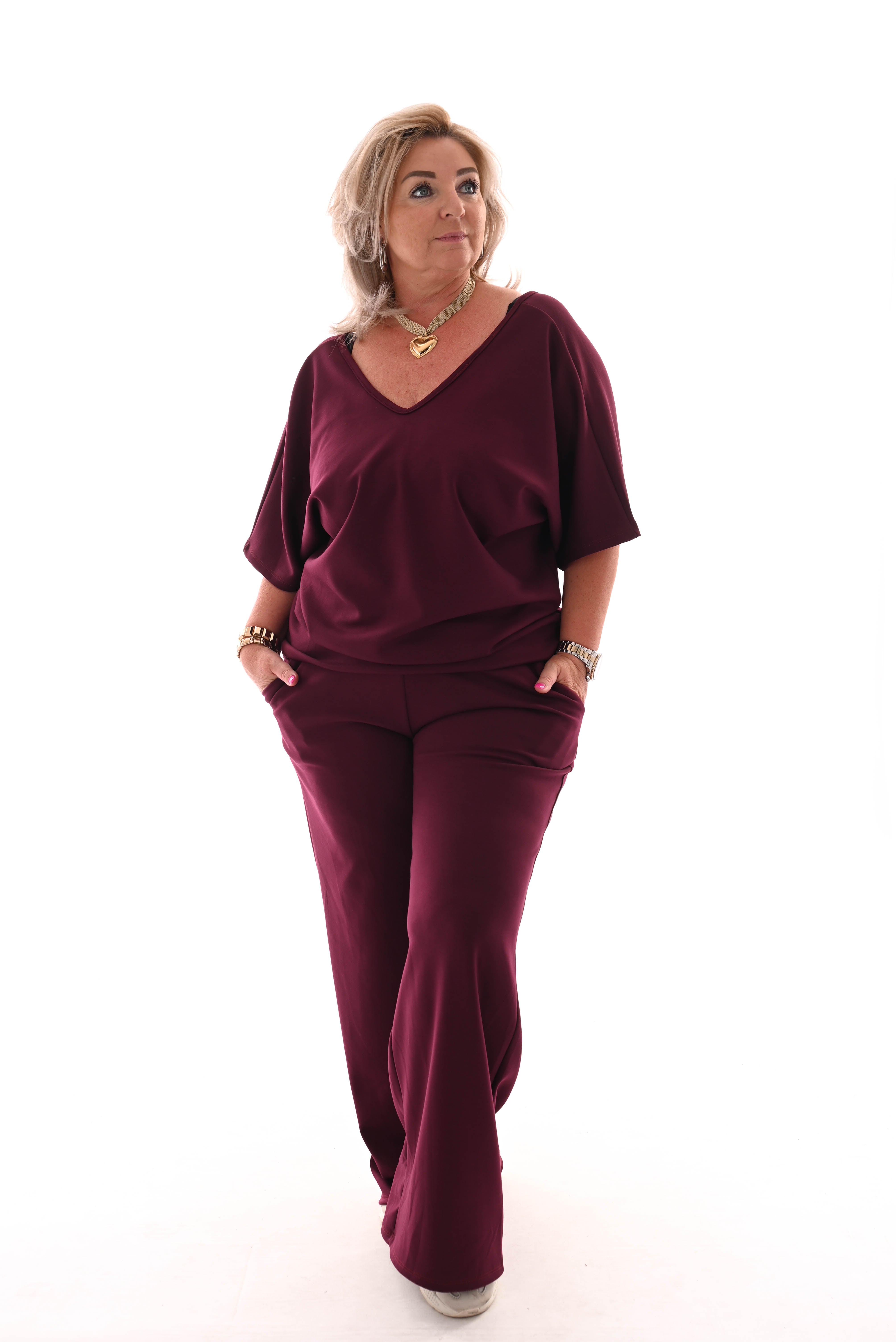 Tweedelig pak top met strik rug uni aubergine