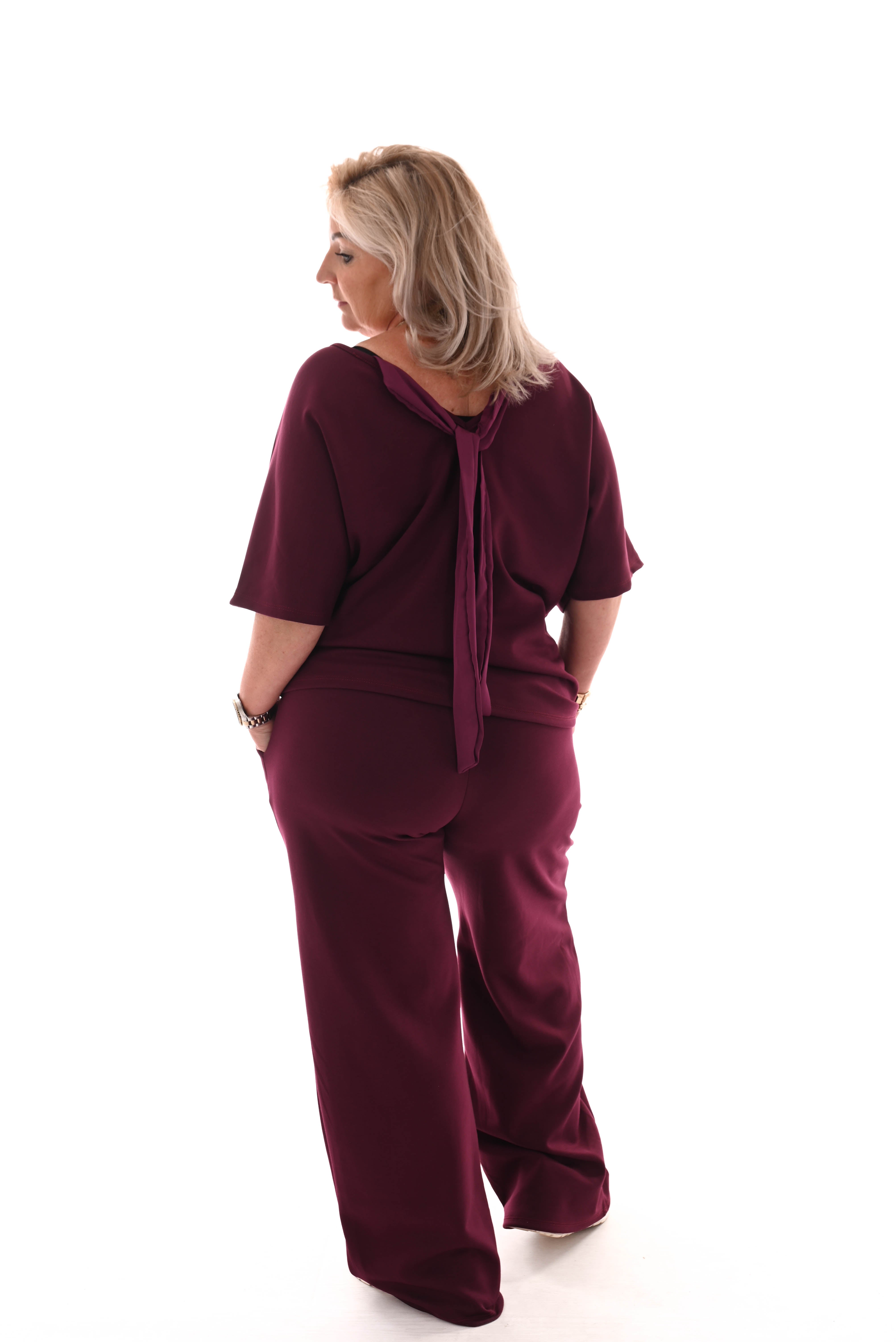 Tweedelig pak top met strik rug uni aubergine