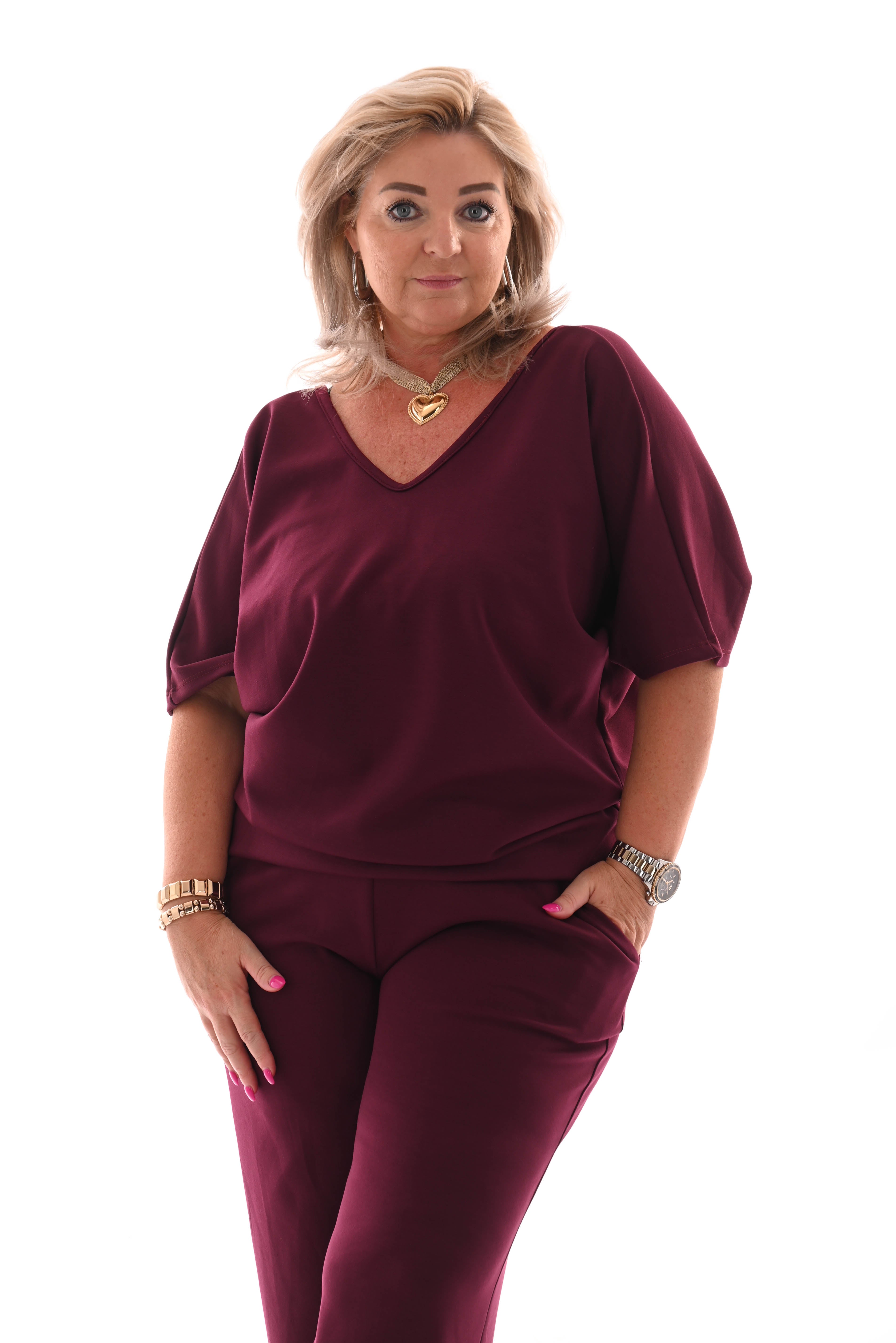 Tweedelig pak top met strik rug uni aubergine