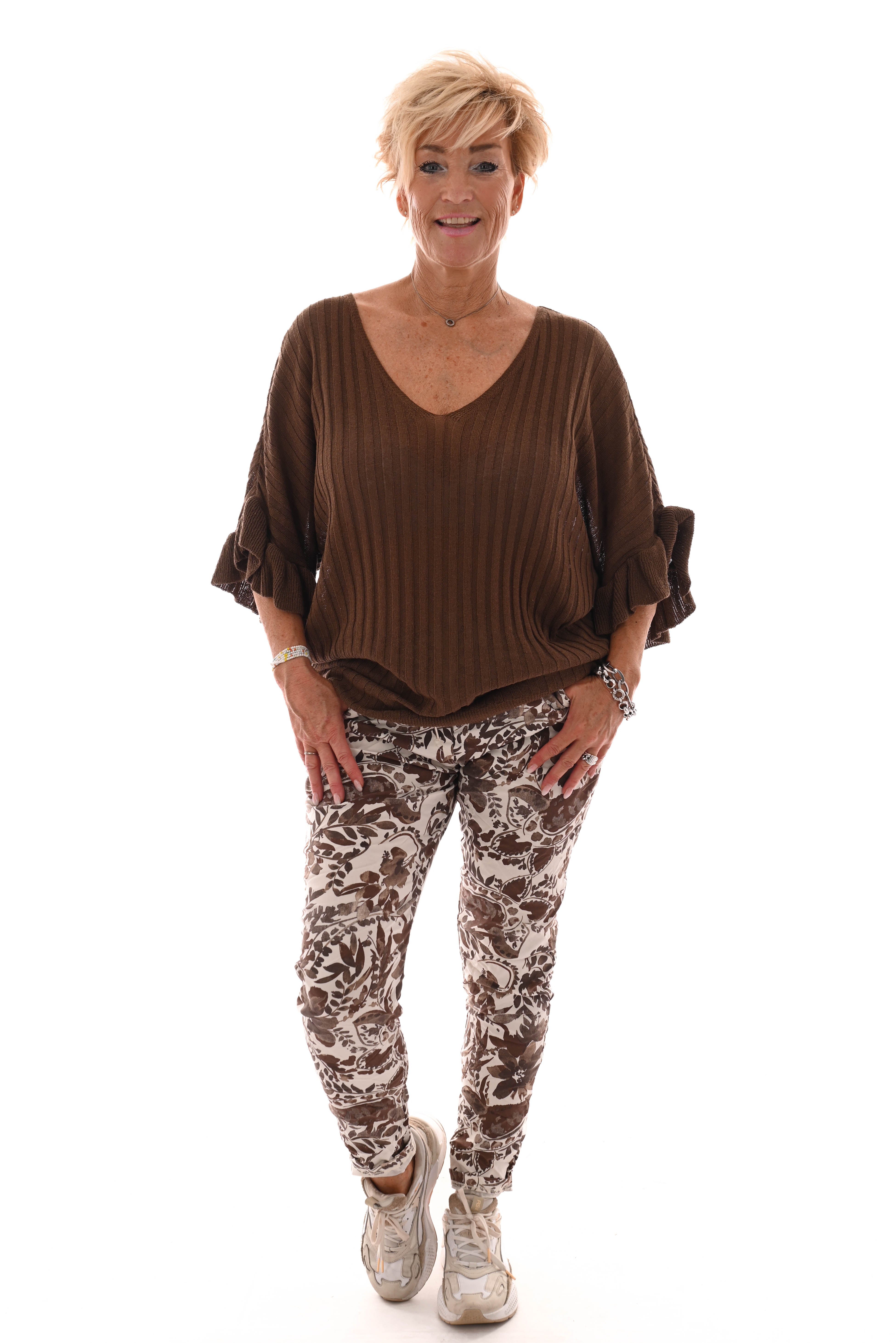 Stretchbroek bloemenprint beige