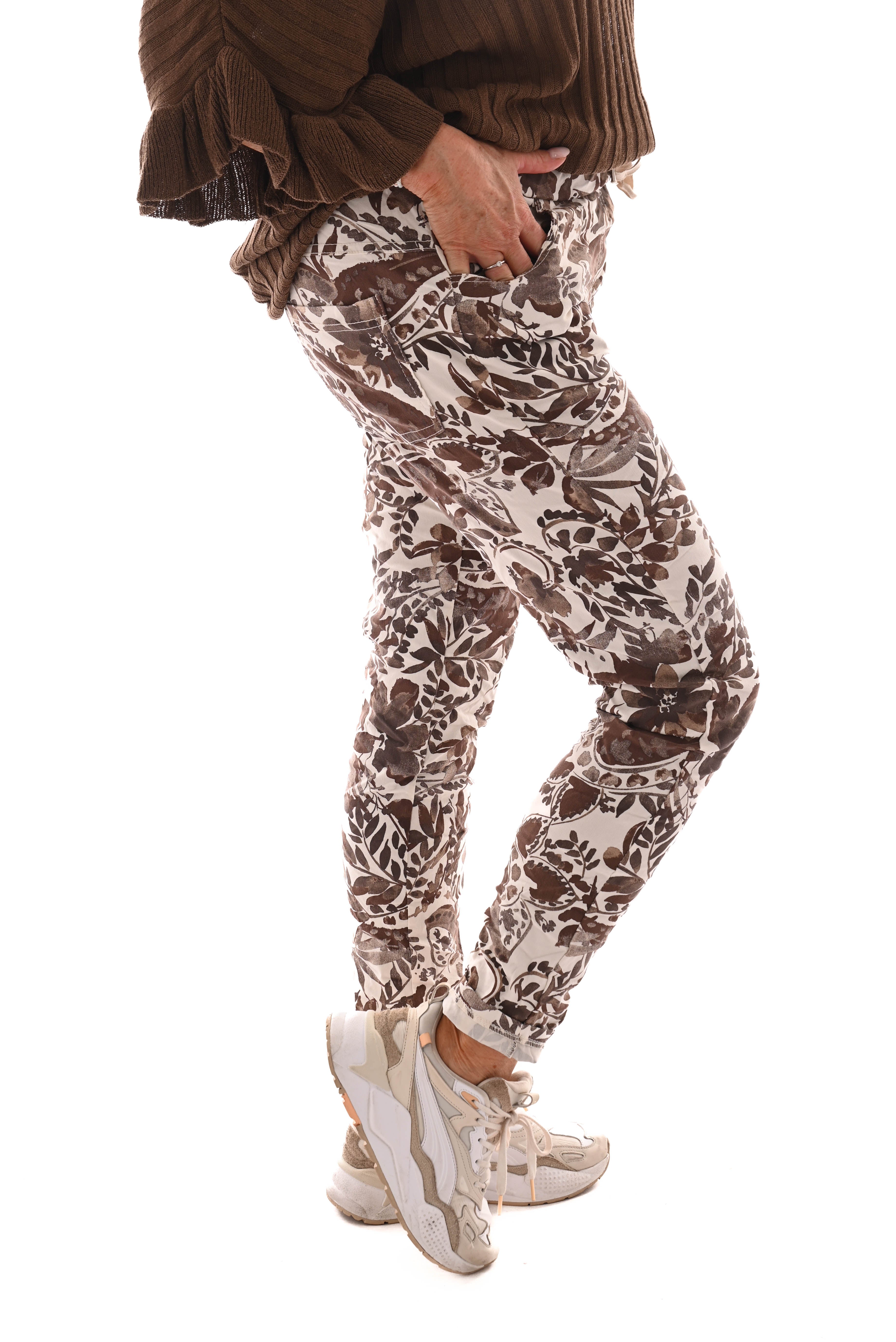 Stretchbroek bloemenprint beige