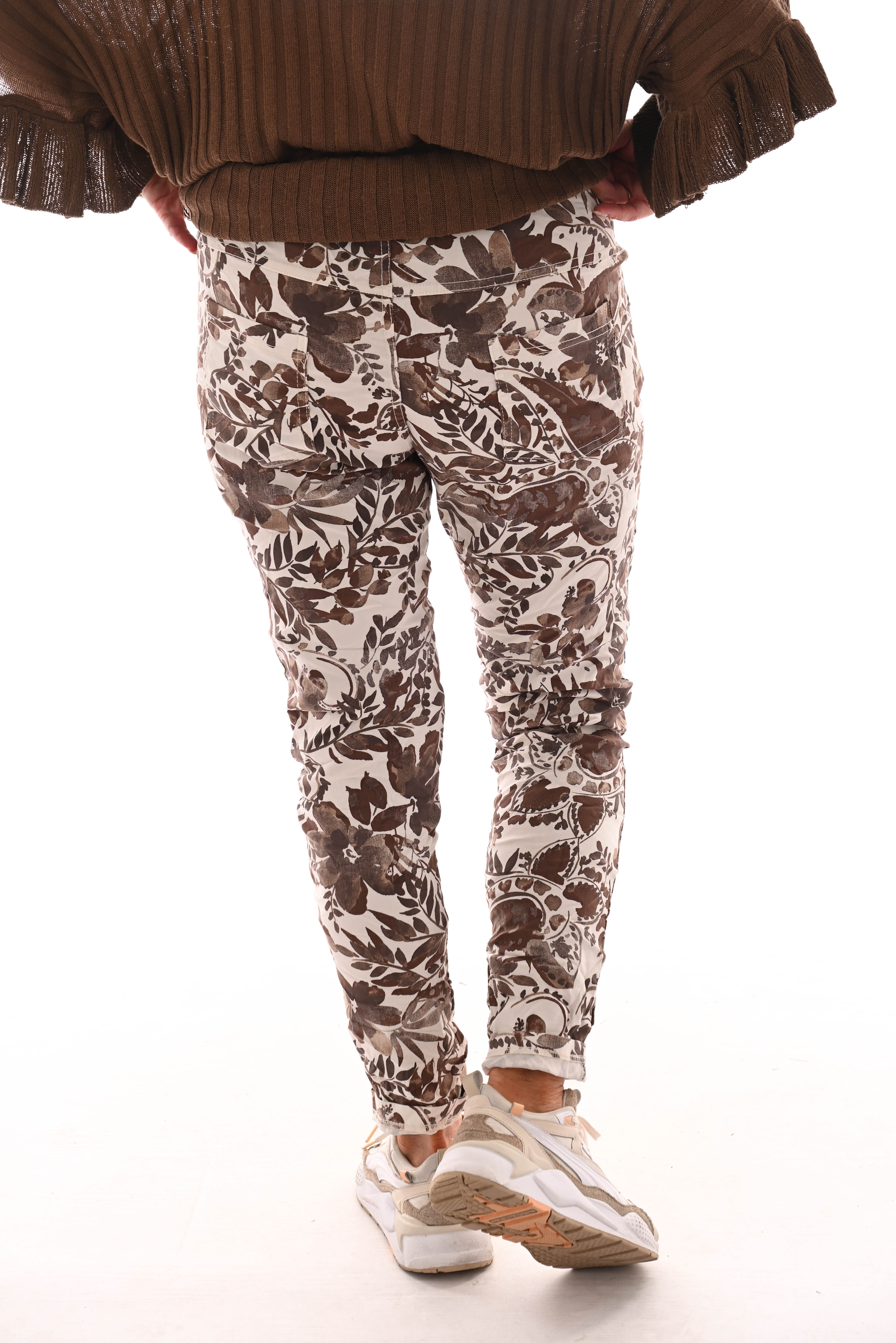 Stretchbroek bloemenprint beige