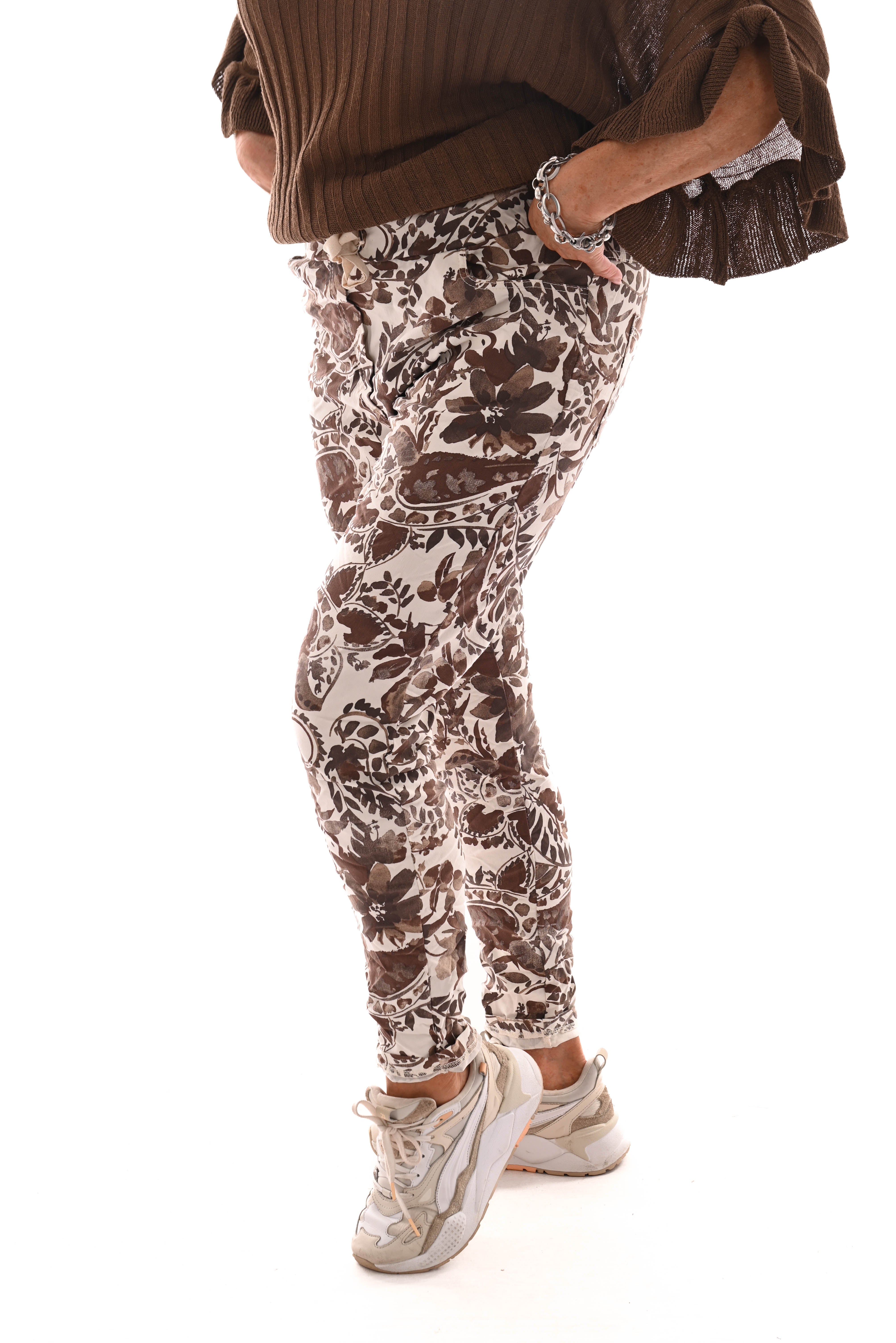 Stretchbroek bloemenprint beige