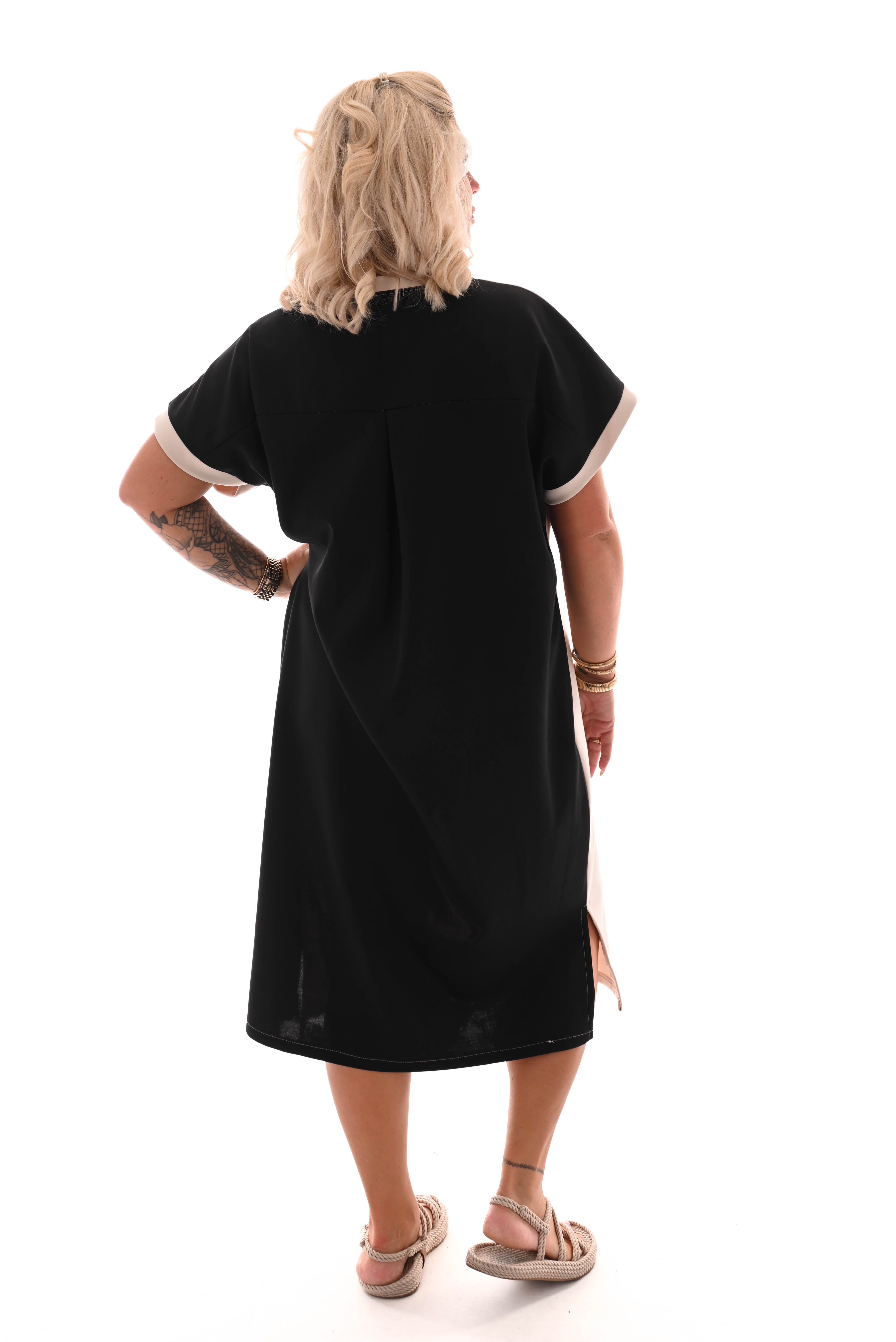 Sweaterdress v-hals 90's beige/zwart