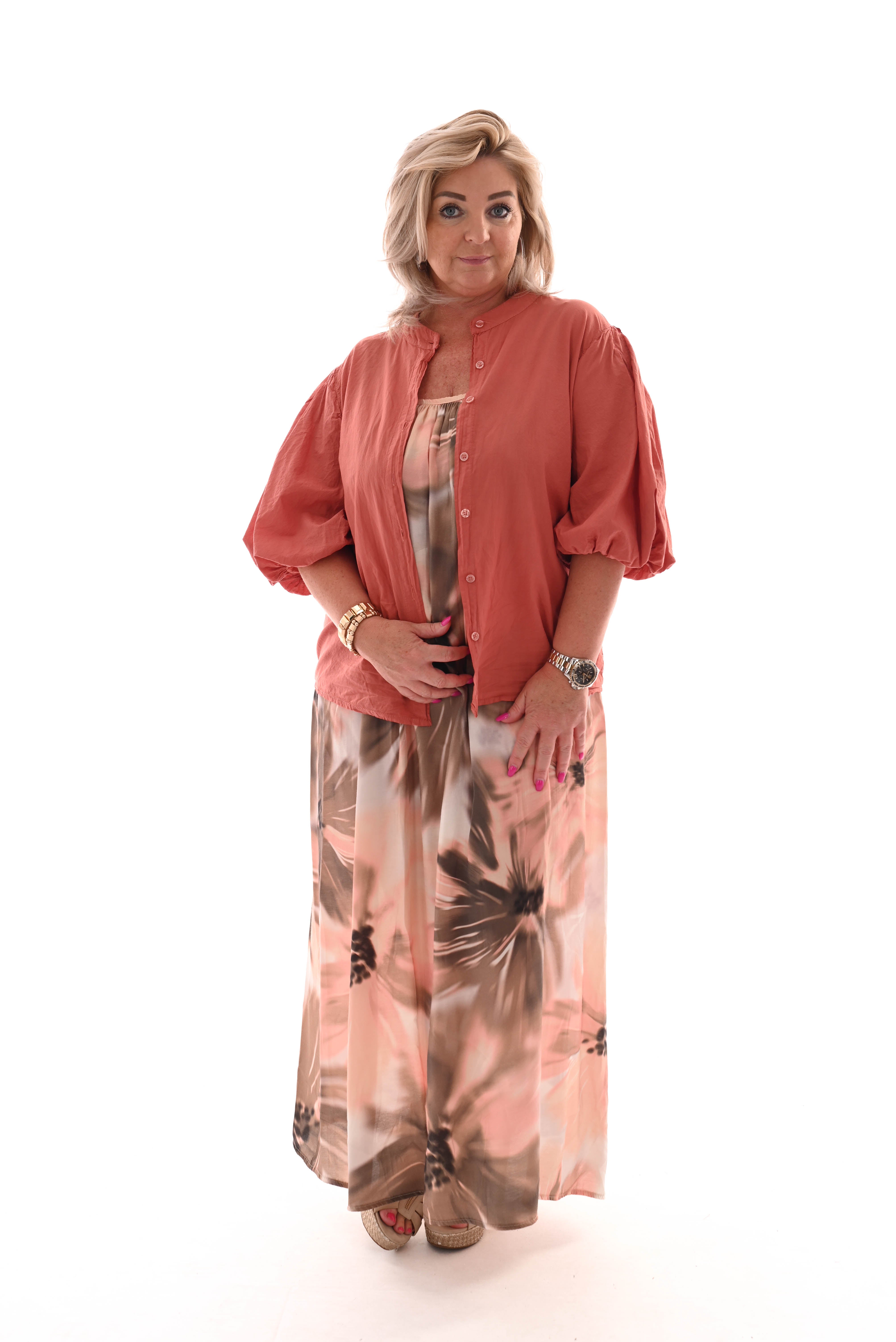 Blouse korte pofmouwen uni koraal