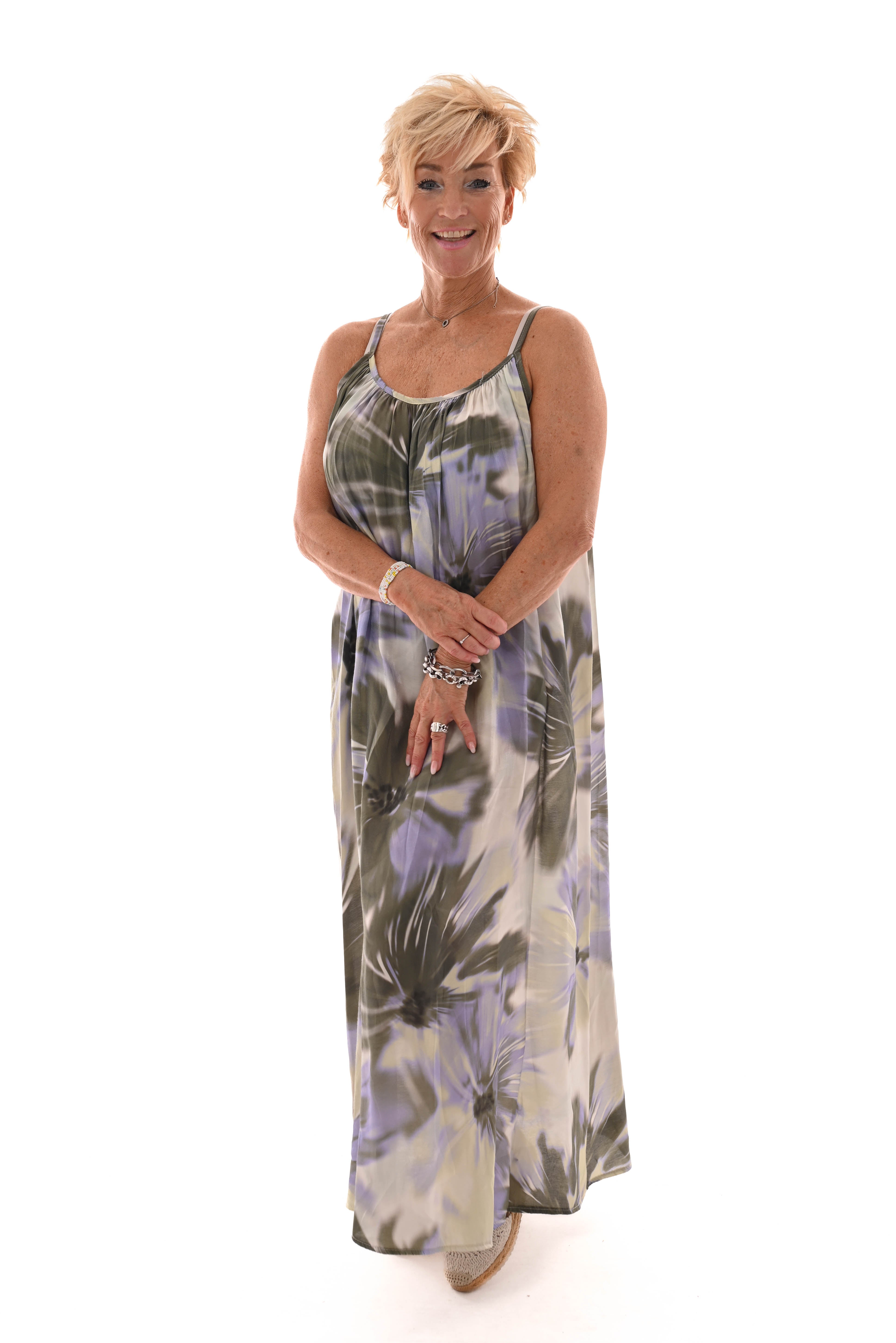 Lange jurk spaghetti bandjes print groen/lila