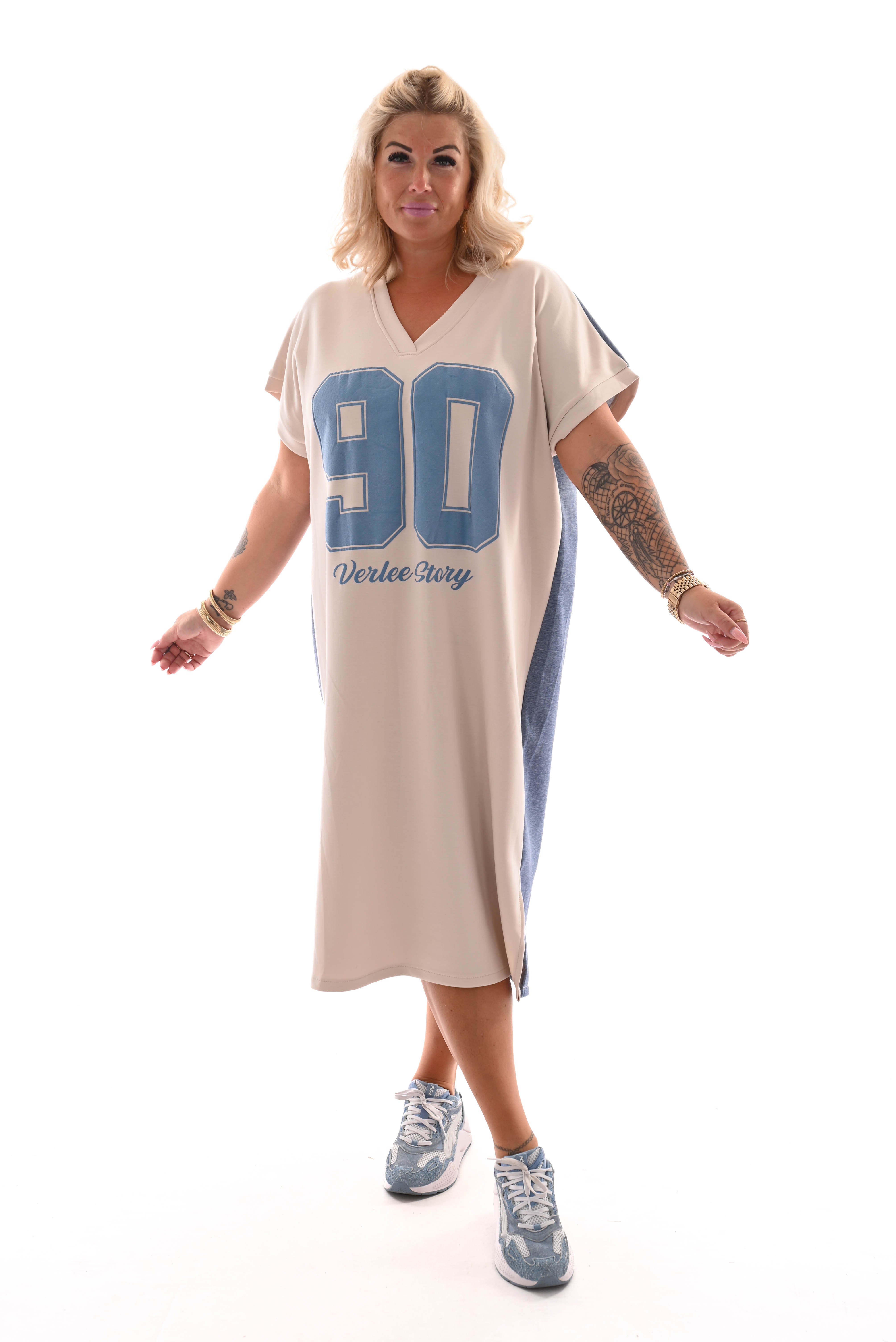 Sweaterdress v-hals 90's beige/jeansblauw