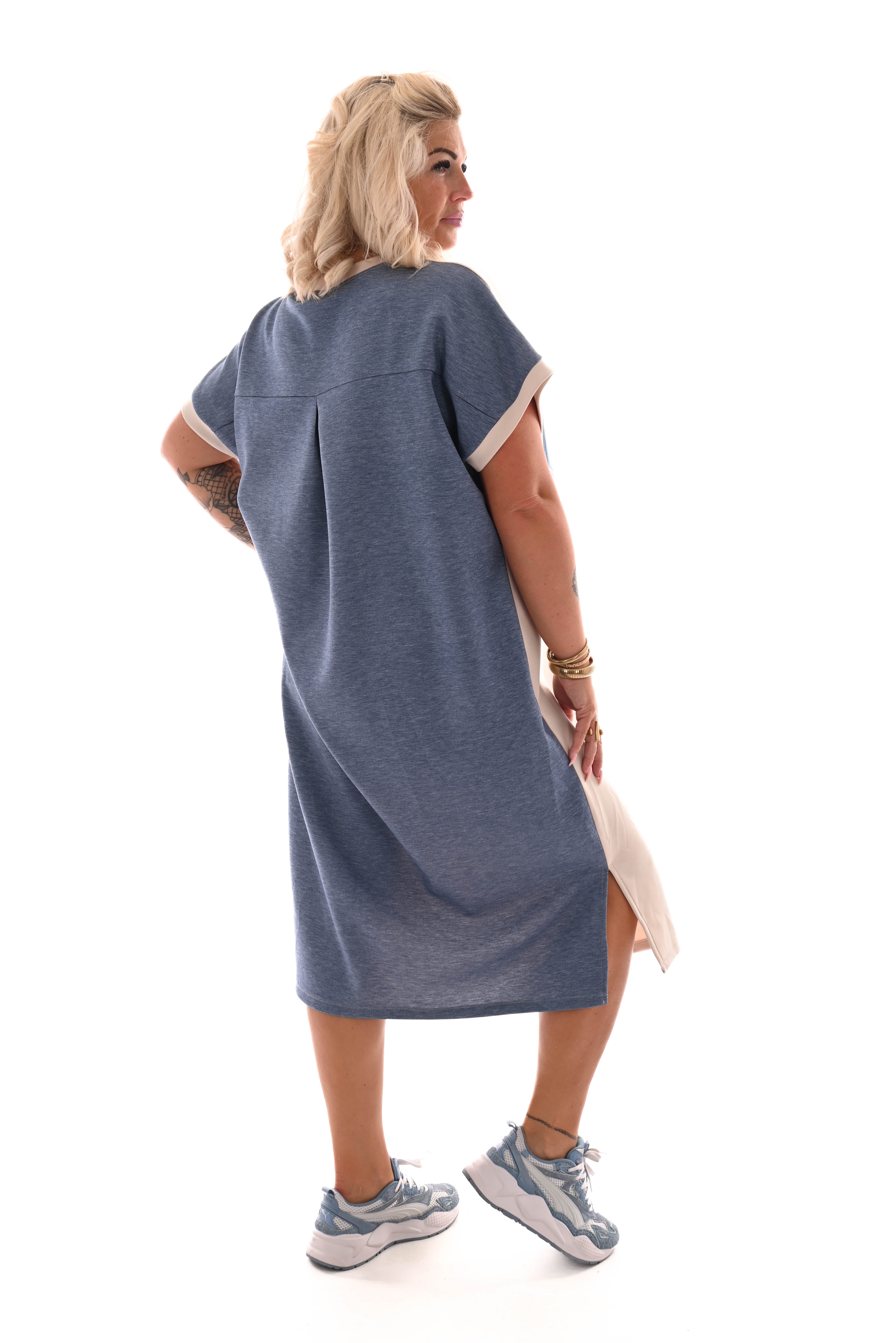 Sweaterdress v-hals 90's beige/jeansblauw