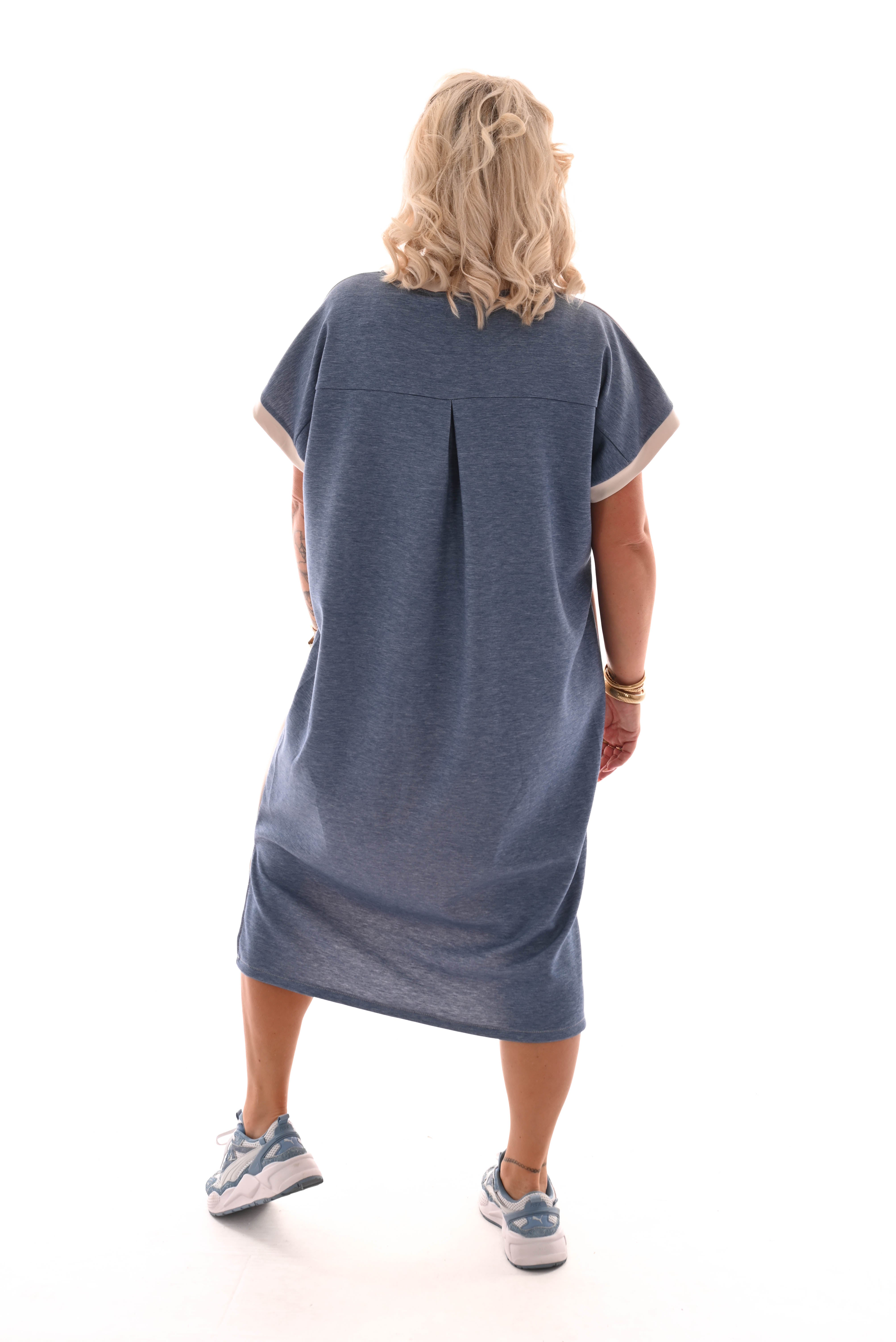 Sweaterdress v-hals 90's beige/jeansblauw