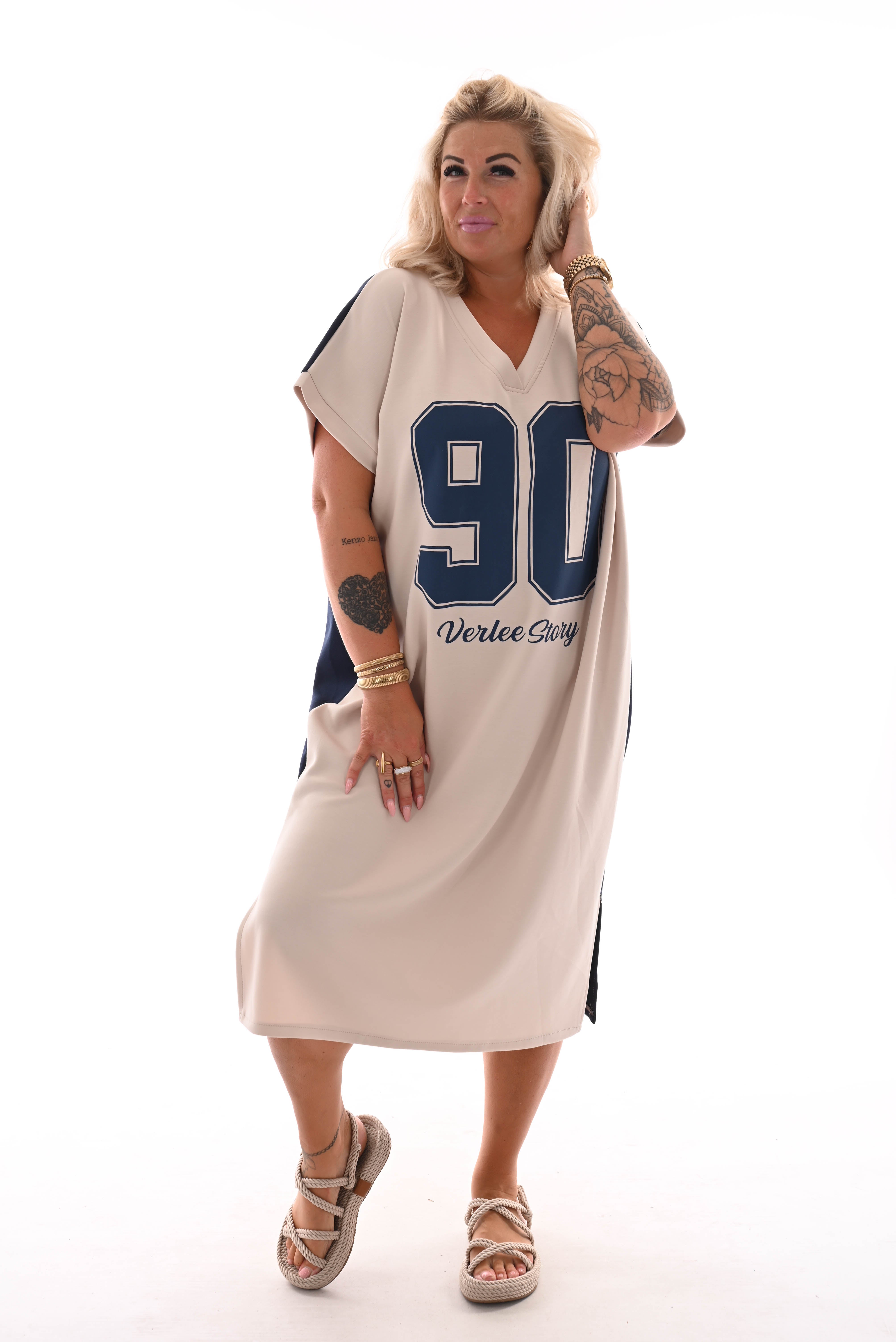 Sweaterdress v-hals 90's beige/marineblauw