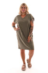 Sweaterdress v-hals korte mouwen met zakken legergroen