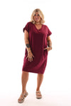 Sweaterdress v-hals korte mouwen met zakken bordeaux