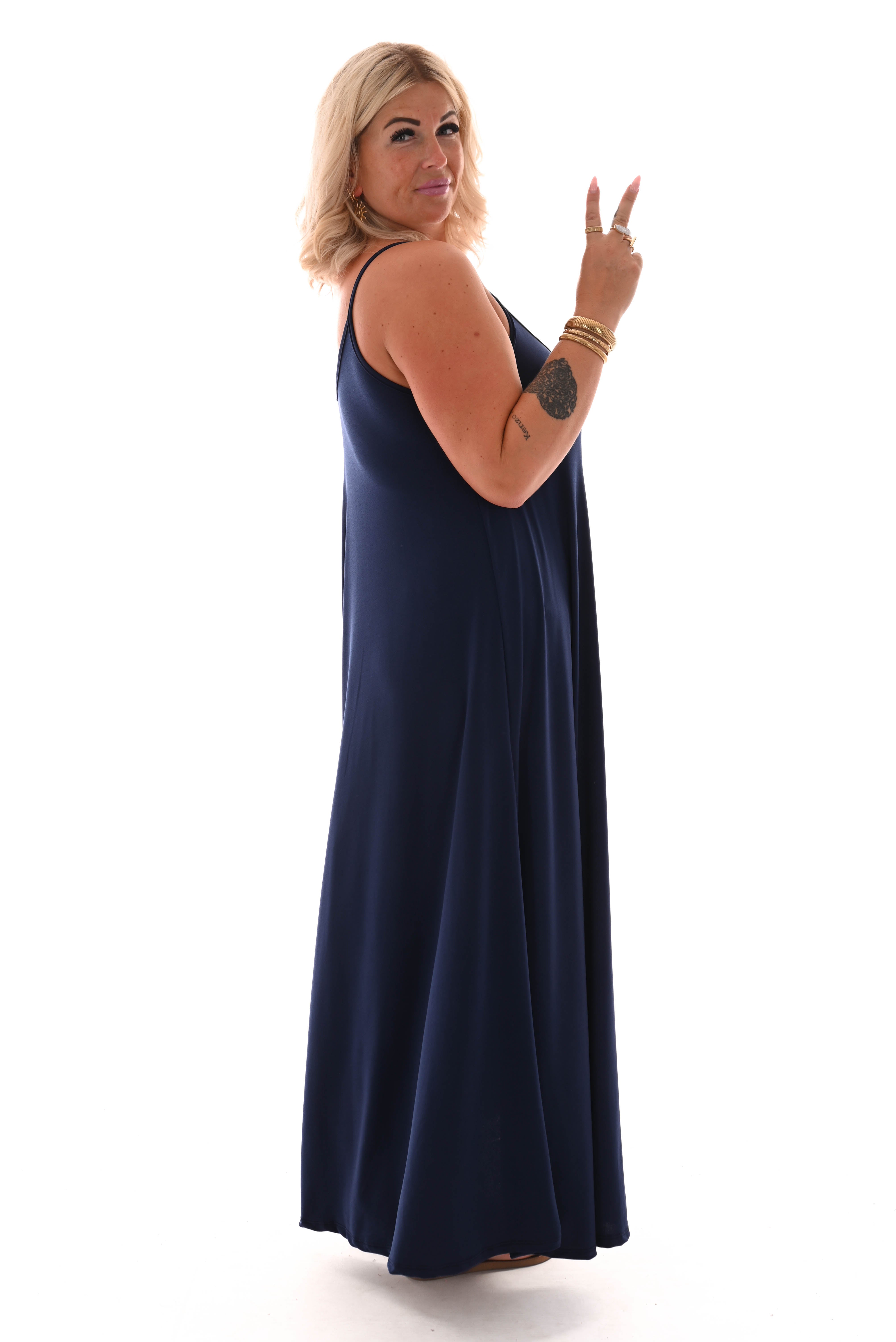Lange jurk spaghetti bandjes uni marineblauw
