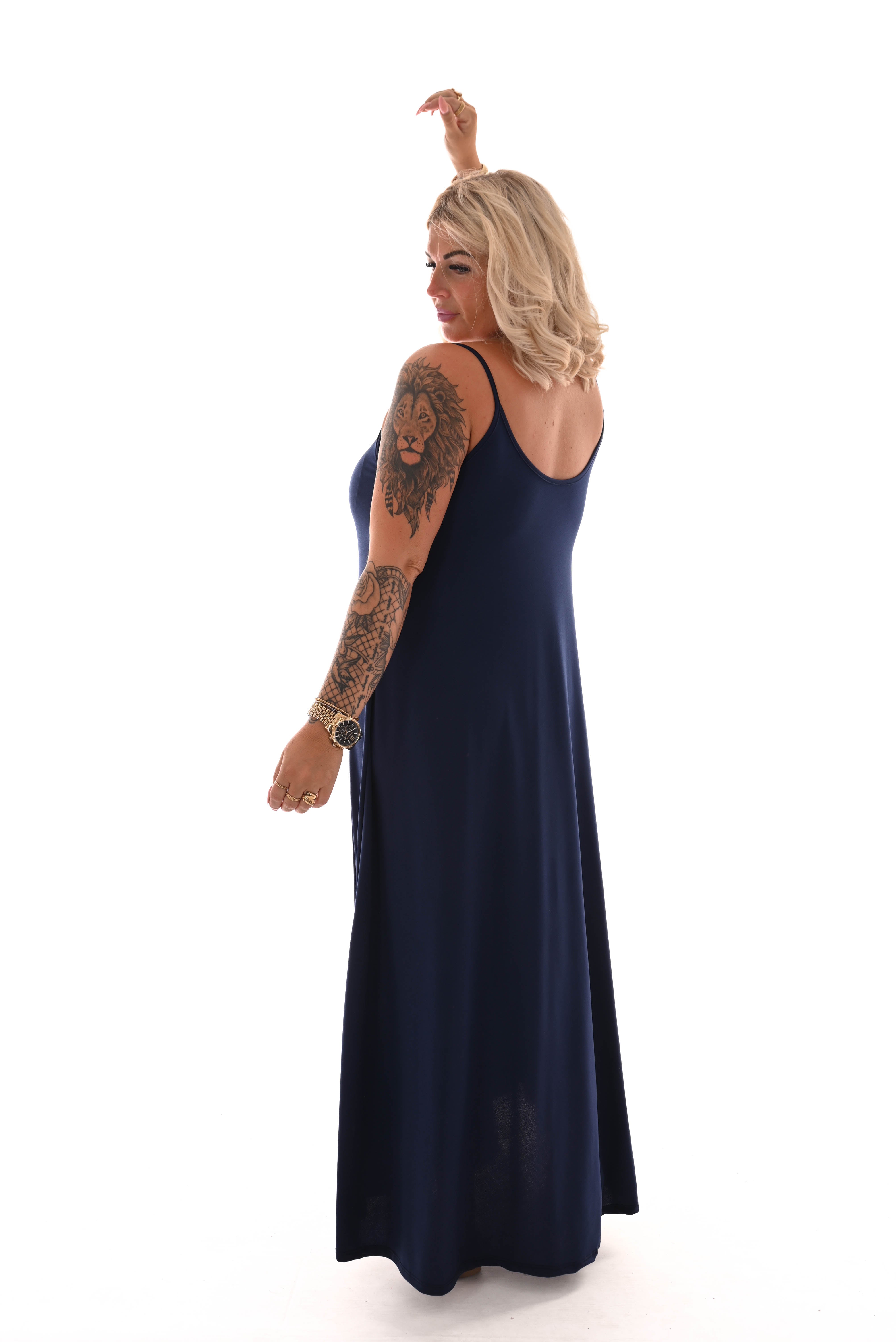 Lange jurk spaghetti bandjes uni marineblauw