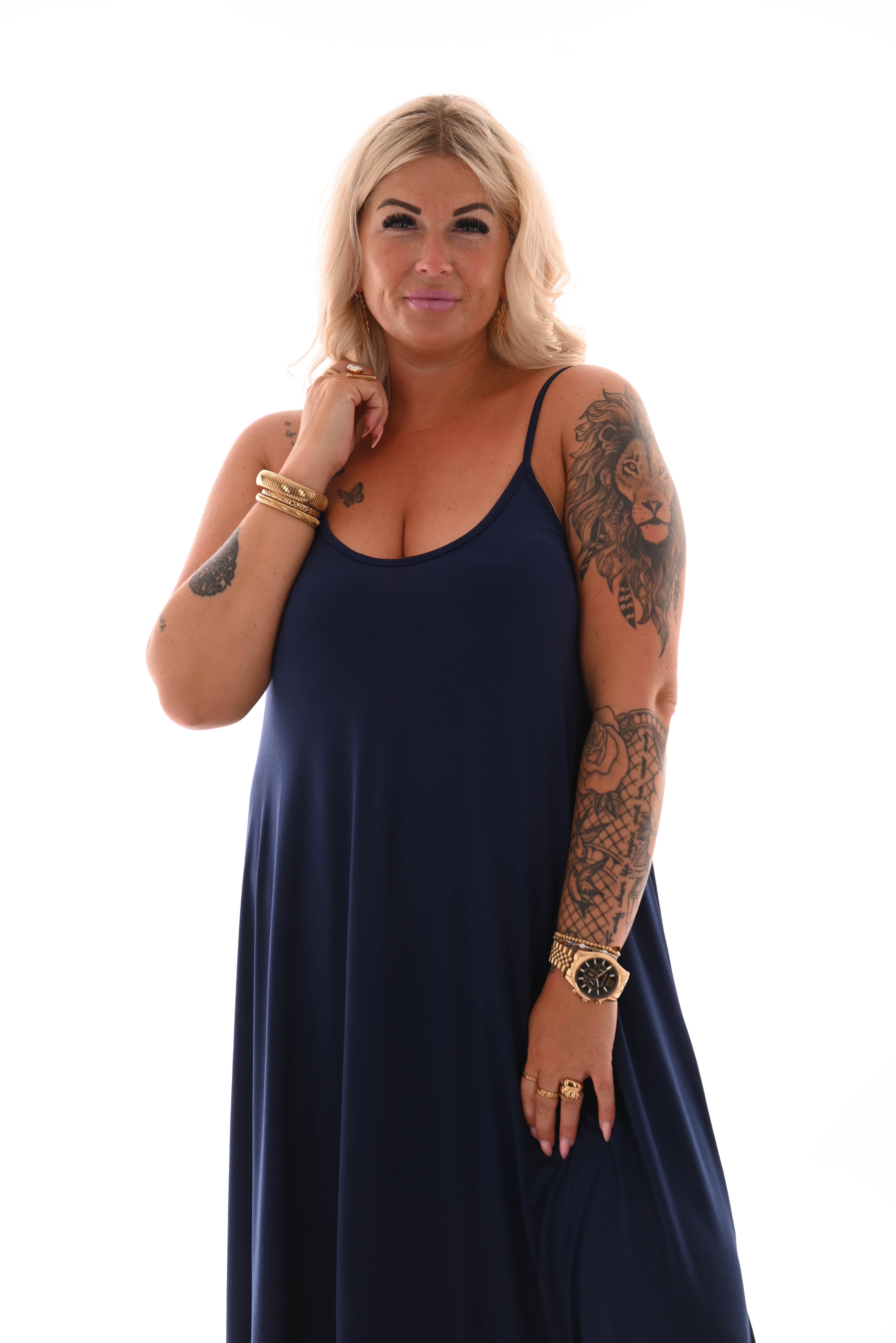 Lange jurk spaghetti bandjes uni marineblauw