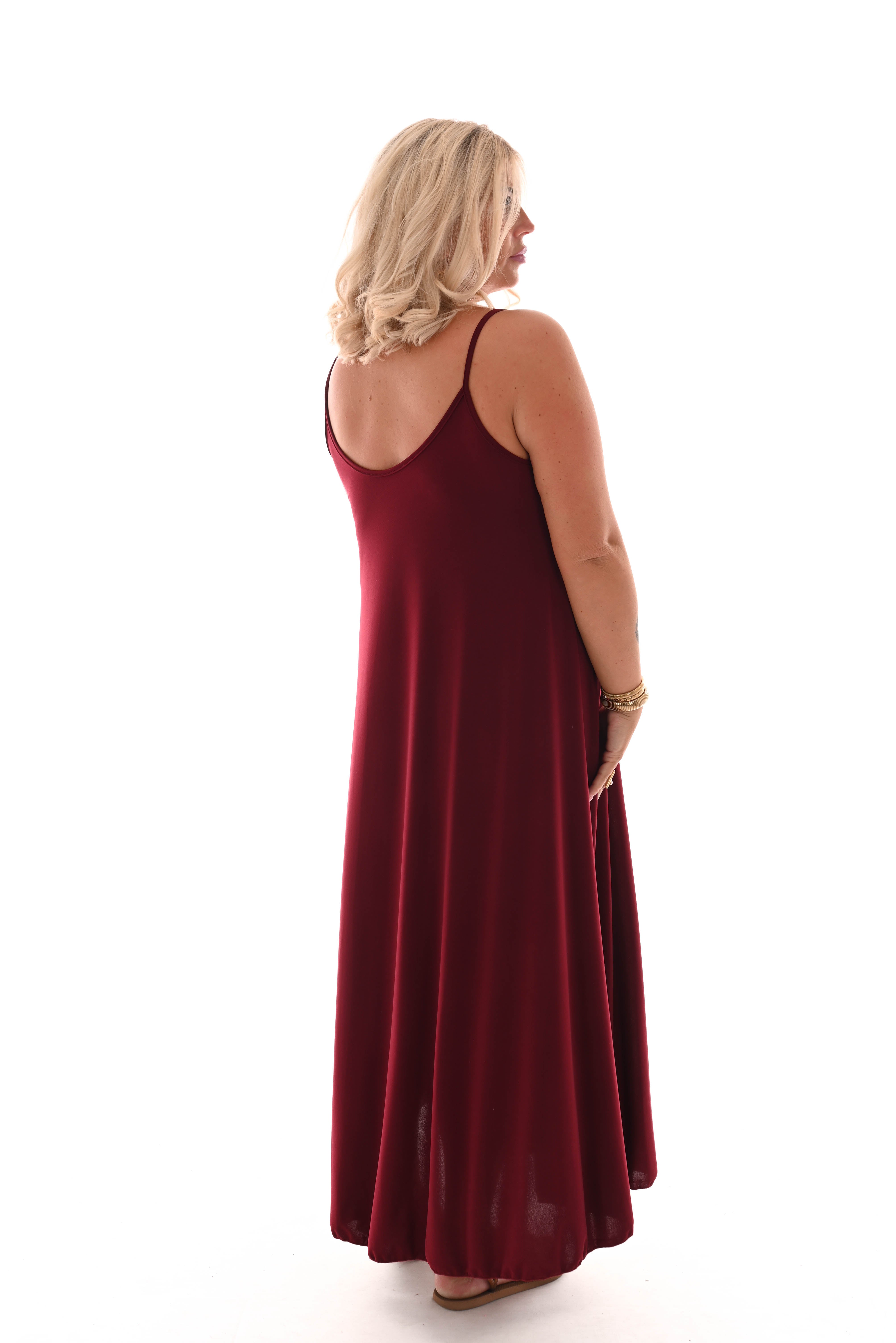 Lange jurk spaghetti bandjes uni bordeaux