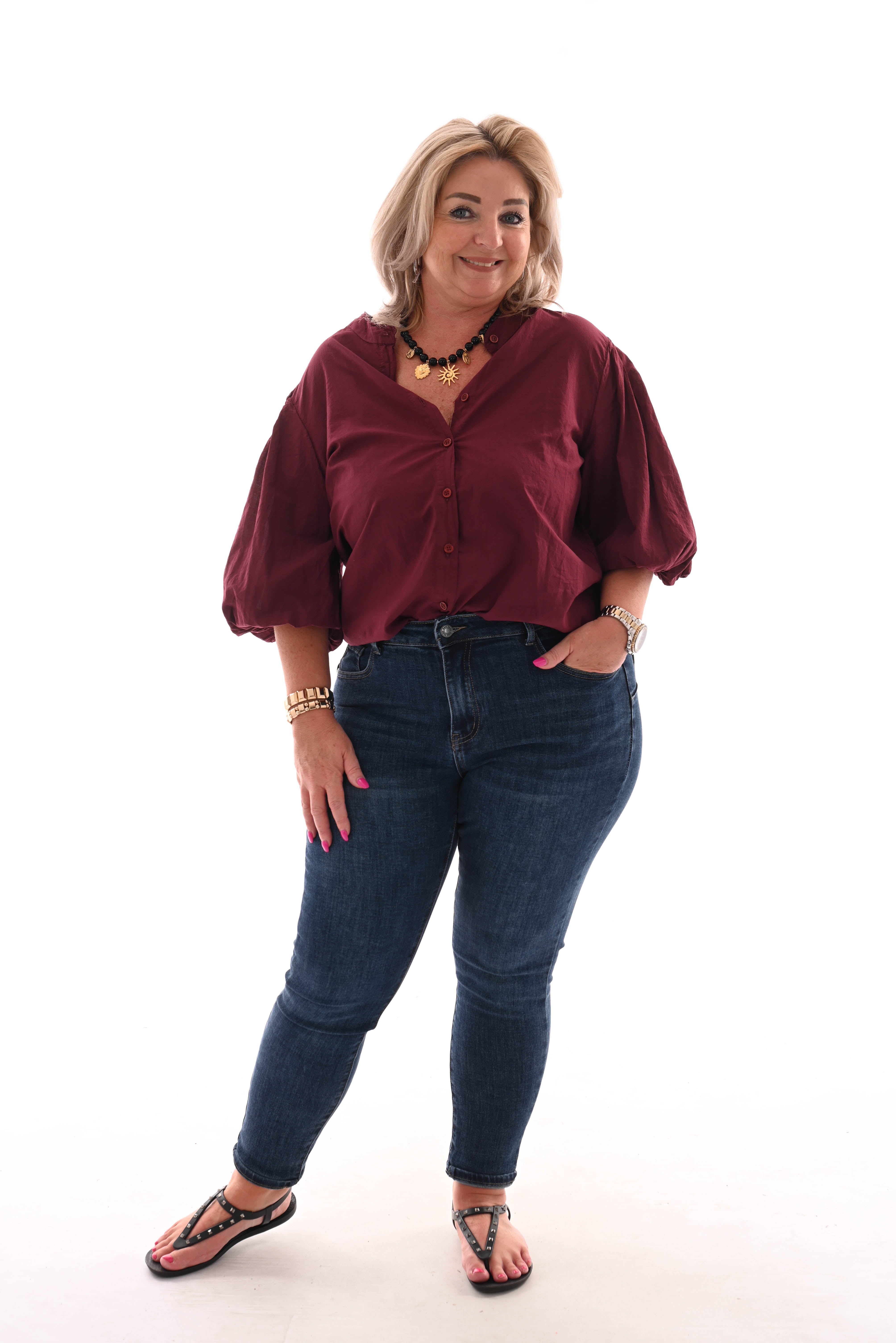 Blouse korte pofmouwen uni bordeaux
